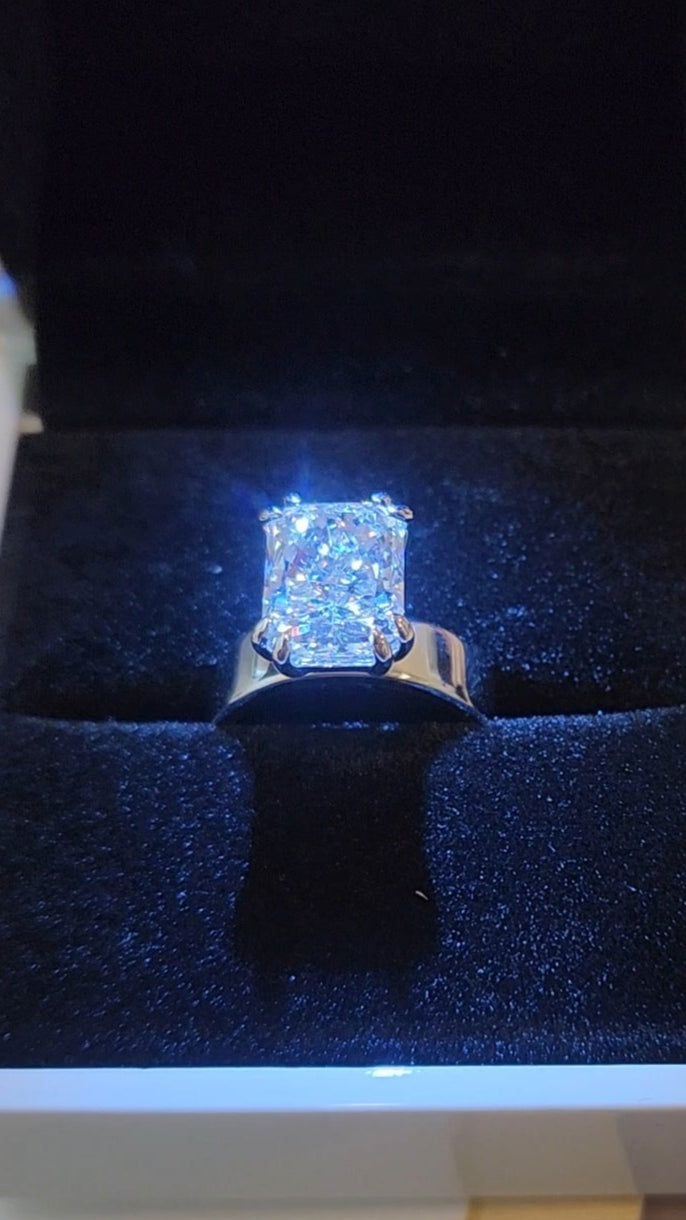 "The Kim" in White Gold - 4.5 Radiant Cut Lab Grown Diamond, F, VS1 on 14K White Gold 5.5 mm Cigar Band, with 14K White Gold Double-Claw Prongs, IGI Certified Lab Grown Diamond
