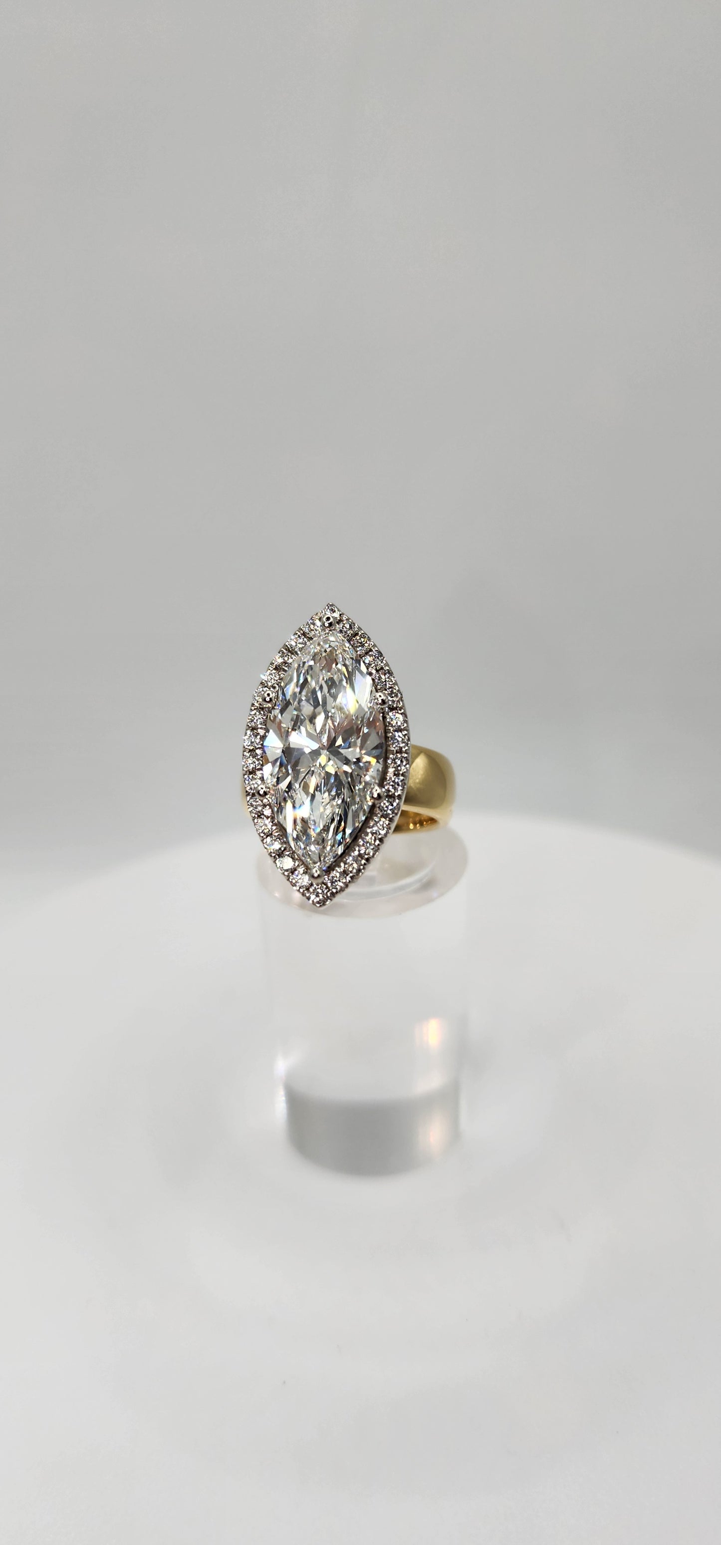 "The Hope" 5.5 Carat Marquise Lab Grown Diamond Set on a 5.5 mm 14k Yellow Gold Cigar Band, 14k White Gold Prongs and a Diamond Halo