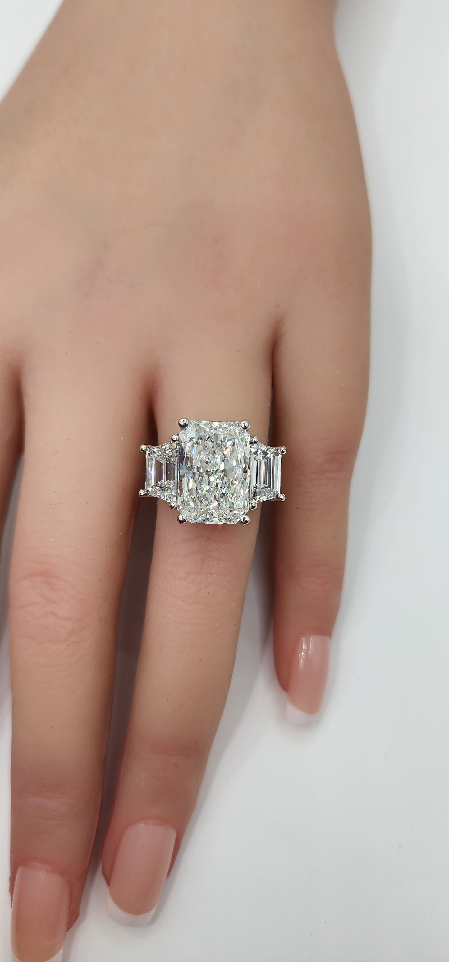 ""The Eliot" 8 Carat Radiant Cut & 1.5 Carat Trapezoids all E VVS2 Lab Grown Diamonds, set in Platinum