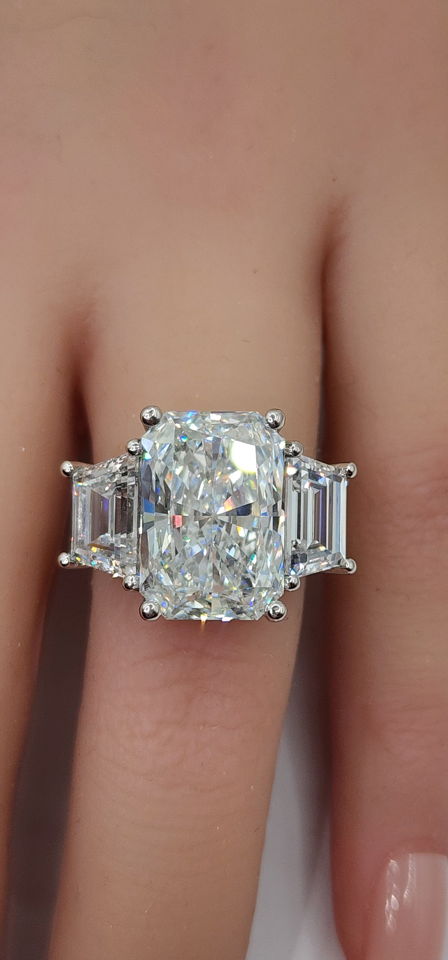 ""The Eliot" 8 Carat Radiant Cut & 1.5 Carat Trapezoids all E VVS2 Lab Grown Diamonds, set in Platinum