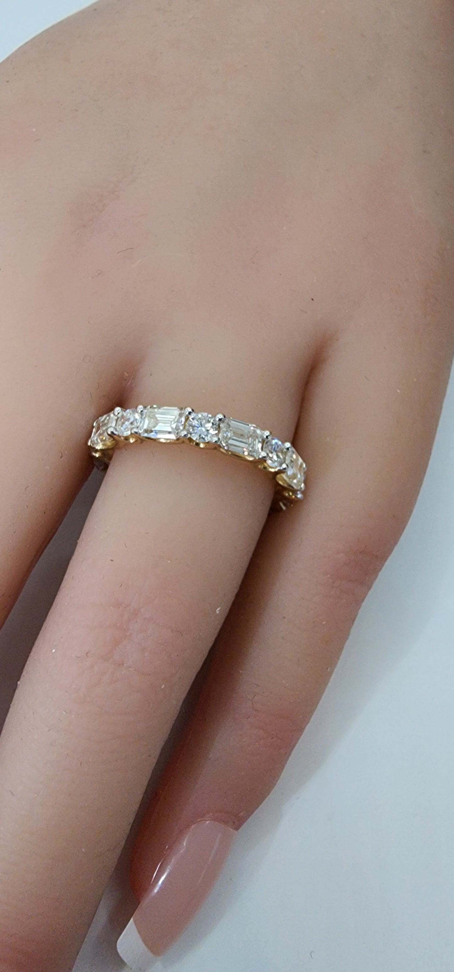 3.5 Carat Total Weight Round & Emerald Cut Eternity Band, 14k Yellow Gold, Size 7