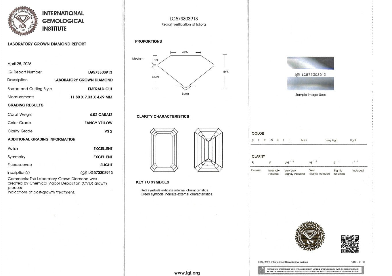 A gemstone laboratory report form from the International Gemological Institute showing diamond measurements, clarity characteristics, grading results, and a sample image area for a round brilliant-cut diamond.