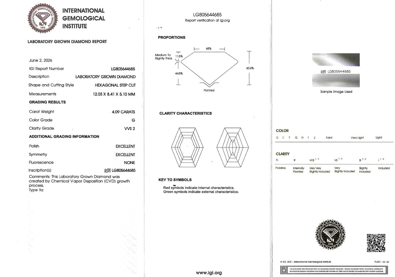 A three-panel technical specification sheet for an International Gemological Institute laboratory grown diamond, showing proportions, clarity characteristics, and color details alongside a small sample image.