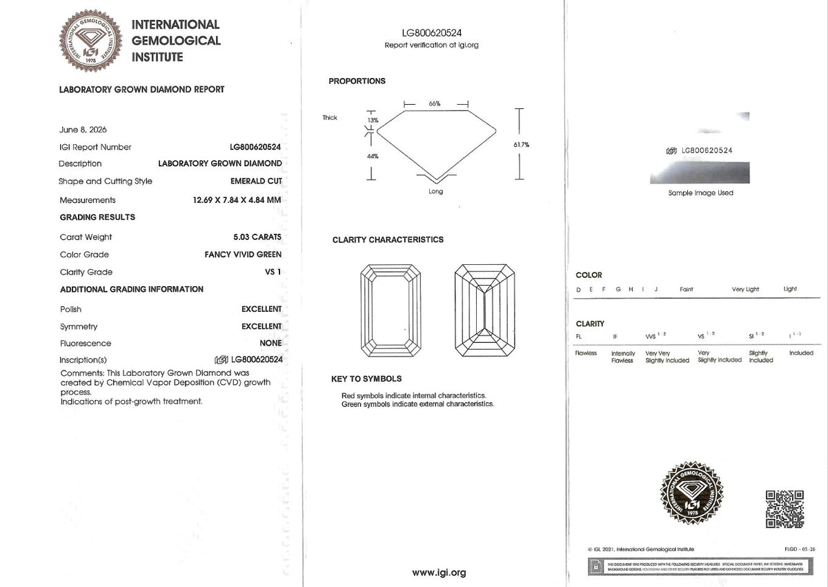 A three-panel laboratory gemstone report form from the International Gemological Institute, showing diamond proportions, clarity characteristics, and grading results for a lab-grown diamond.