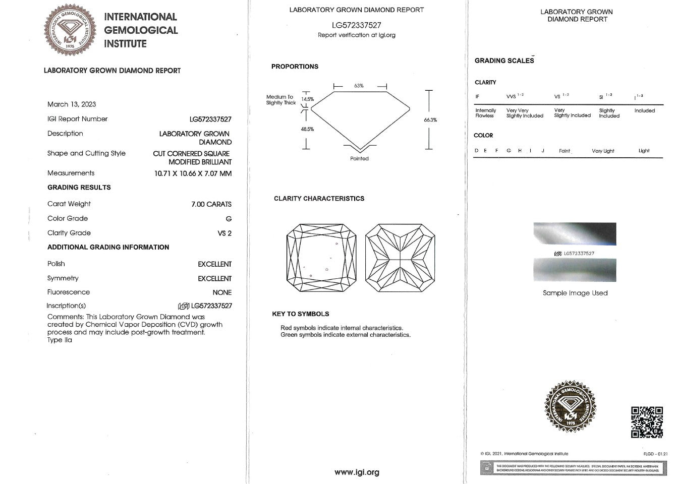 A three-panel laboratory gemstone diamond report from the International Gemological Institute, detailing specifications, grading results, and clarity characteristics for a lab-grown diamond.