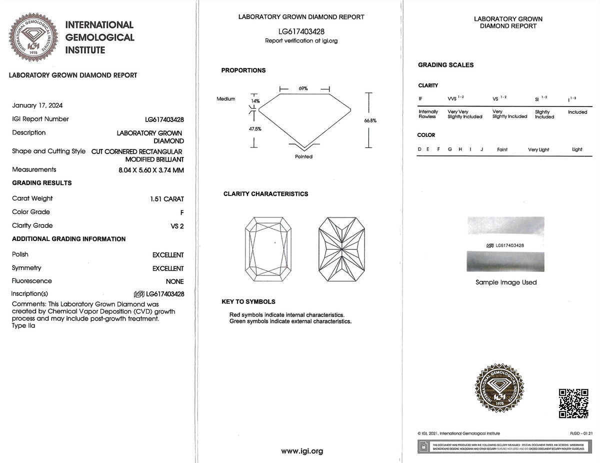 Technical drawing and specifications of a diamond with measurements and diagrams on a white background.
