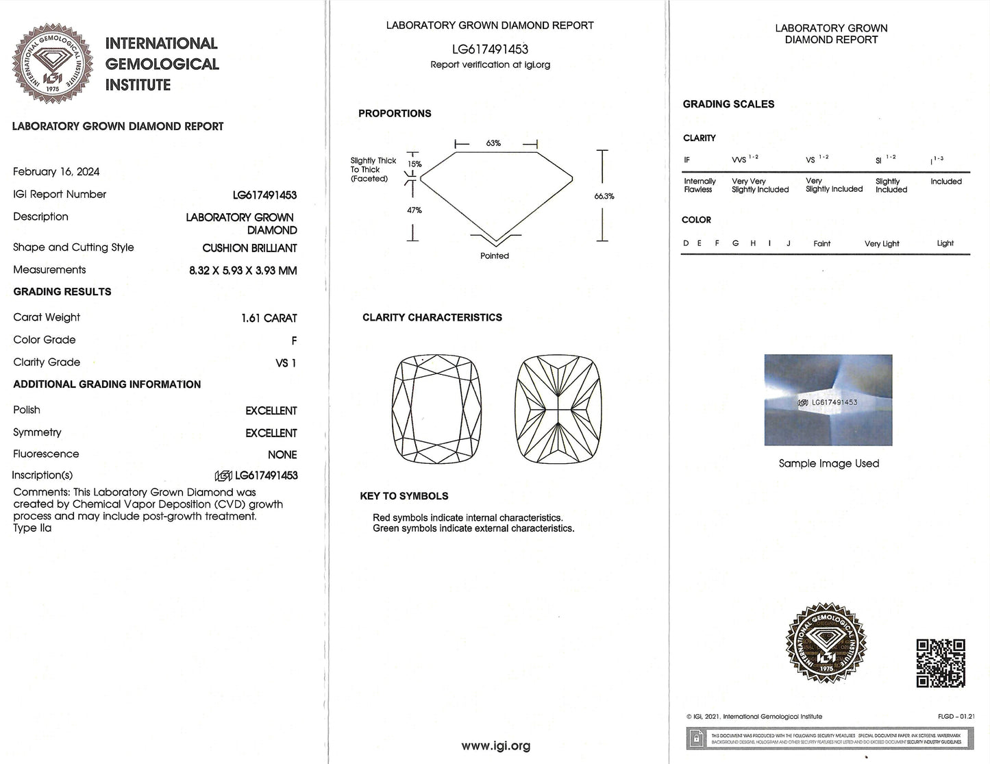 Technical drawing and specifications of a diamond with IGI (International Gemological Institute) certification.