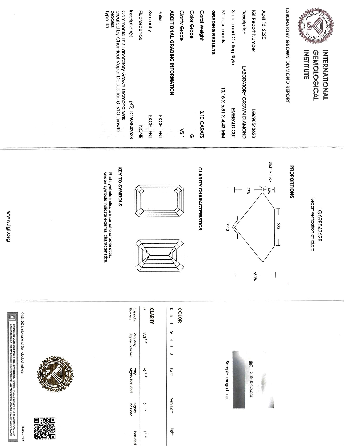 Diamond certification document with IGI logo and diamond illustrations