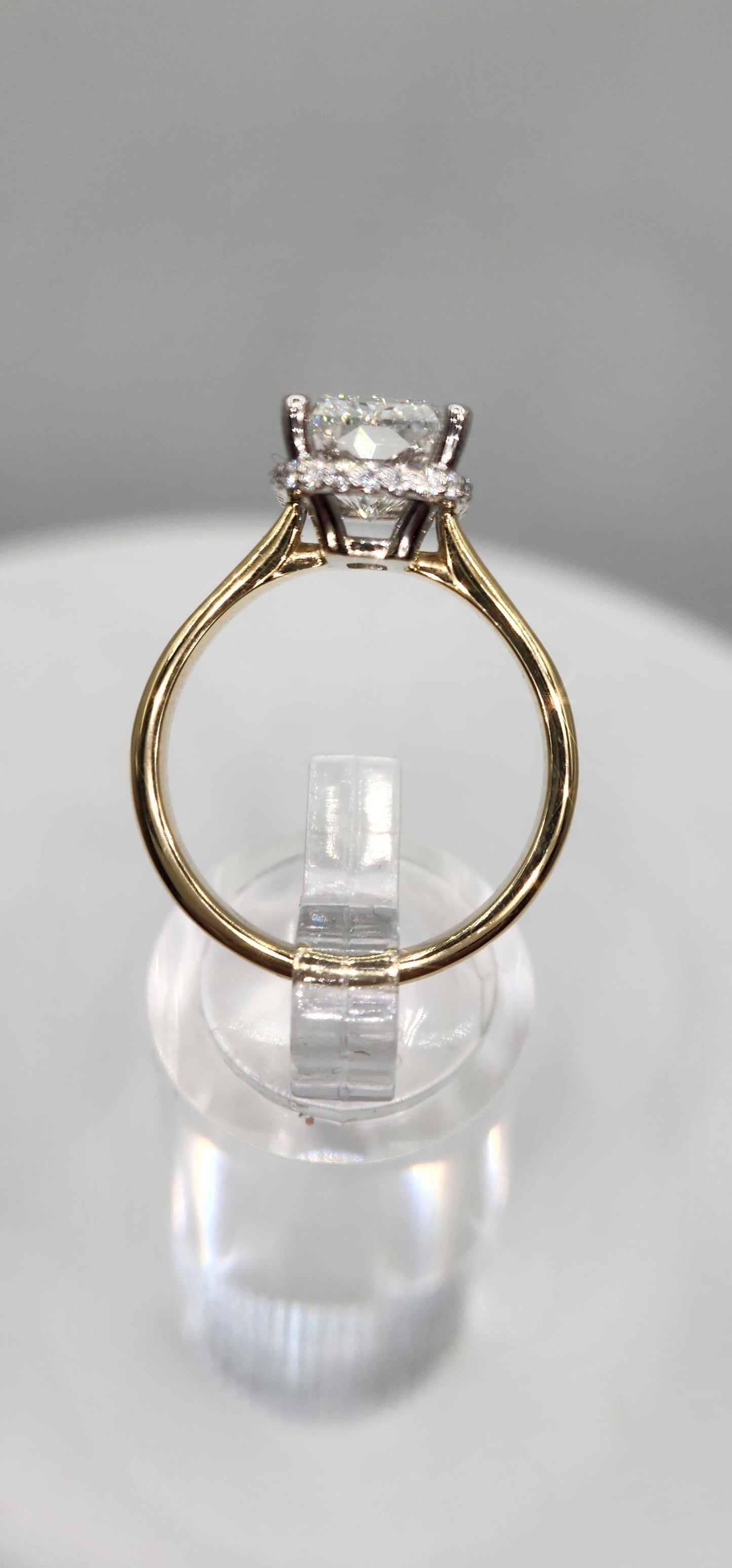 "The Monica" Ring - 3.75 Carat Radiant Lab Grown Diamond, Color E, VVS2, mounted in a 2mm Yellow Gold band with White Gold Head and Hidden Halo