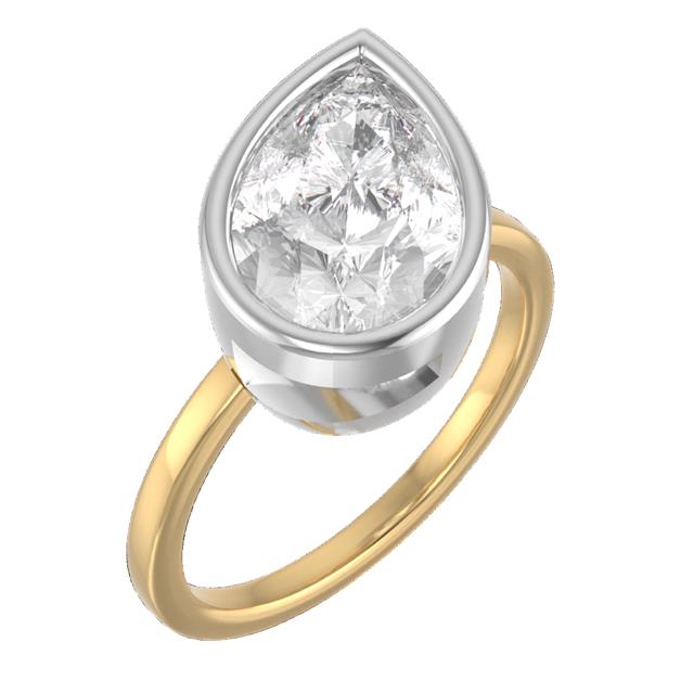 "The Kim Pear Bezel" 3 Carat Pear, F, VS1 IGI Certified Lab Grown Diamond, set in a 14k White Gold Bezel Setting Head with a 14K Yellow Gold Band