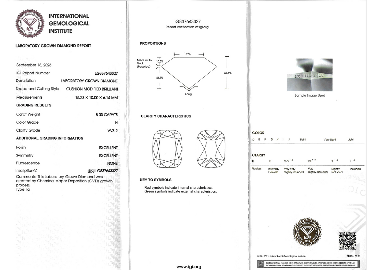 A laboratory grown diamond report page from the International Gemological Institute, showing diamond specifications, proportions, clarity characteristics, and a small inset diamond photo on a white document.