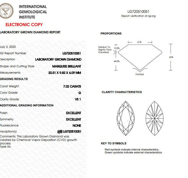 7.02 Carat Marquise Cut Lab Grown Diamond, Color G, VS1 Clarity, IGI Certified