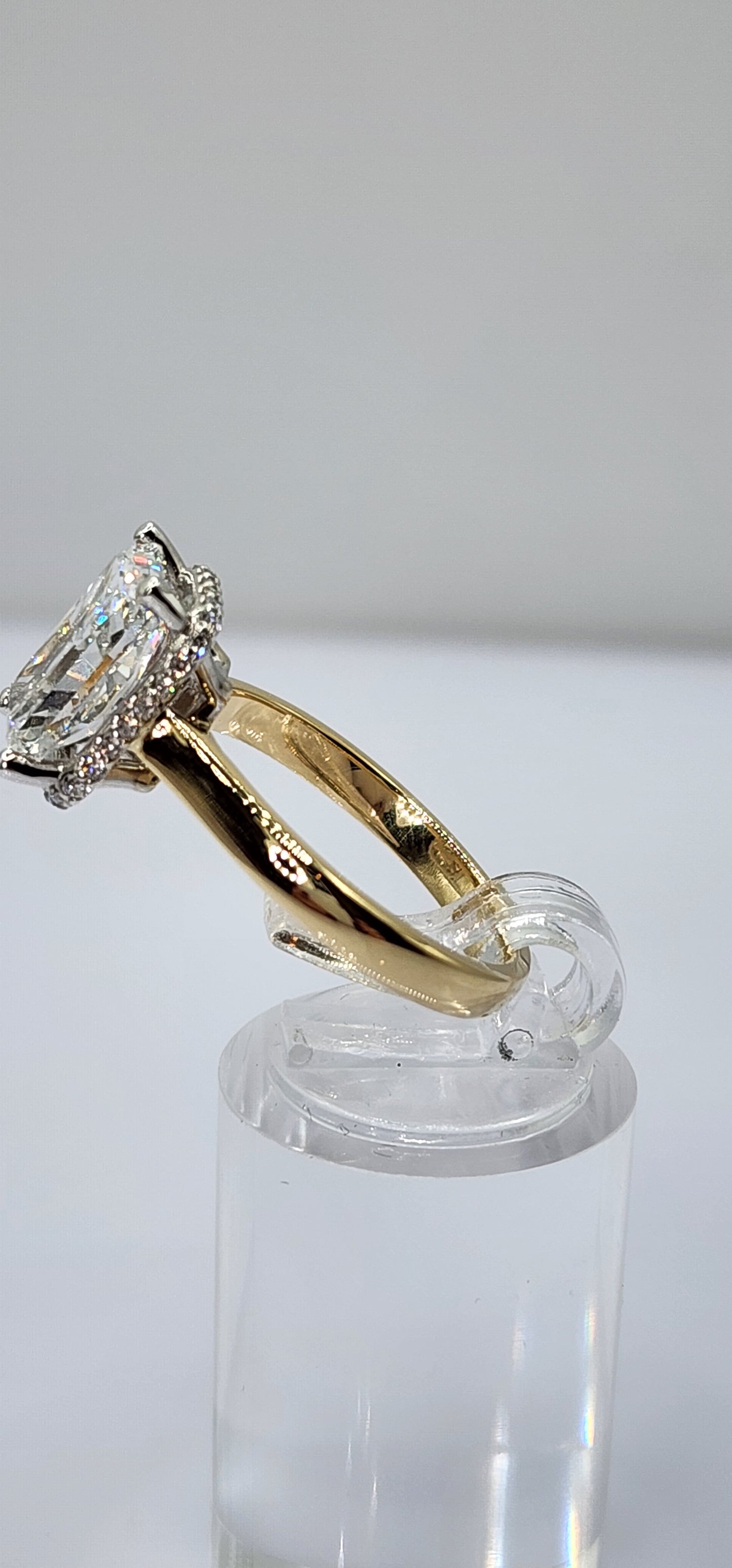 "The Monica" Ring - 3.75 Carat Radiant Lab Grown Diamond, Color E, VVS2, mounted in a 2mm Yellow Gold band with White Gold Head and Hidden Halo