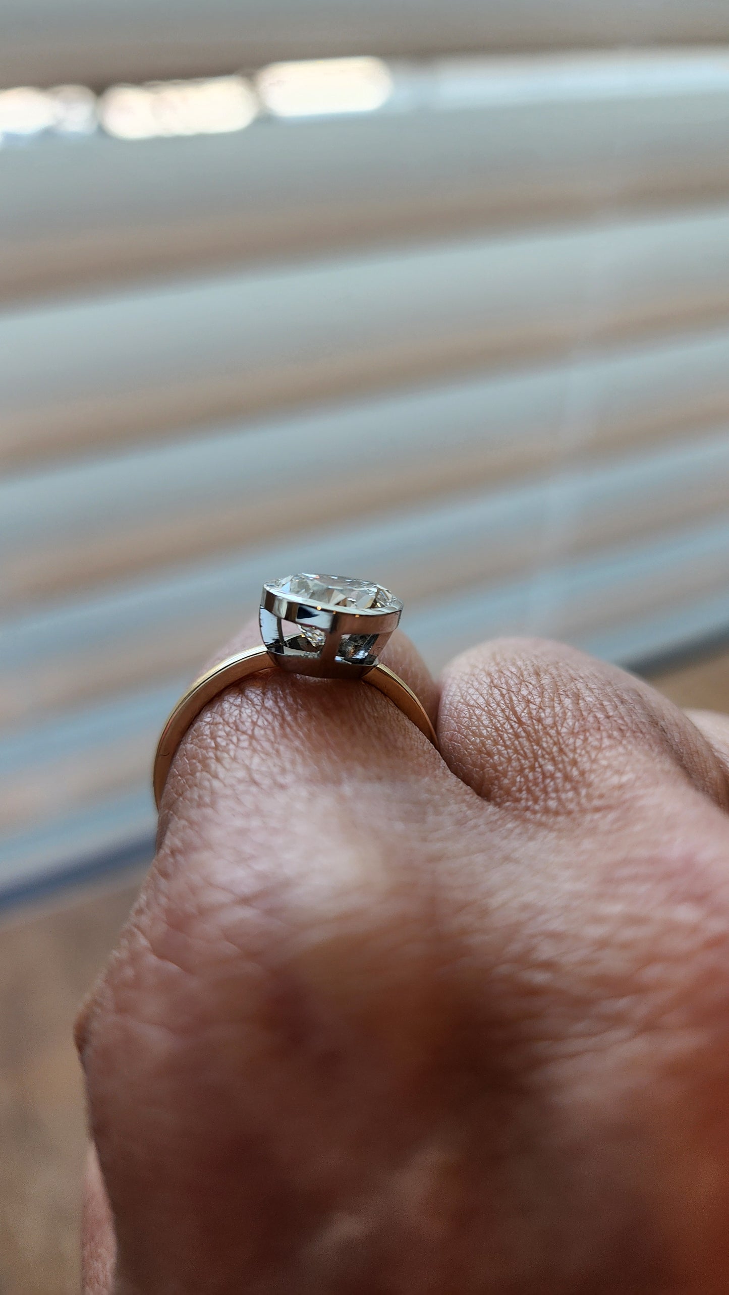 "The Kim Pear Bezel"  3 Carat Pear,  F, VS1 IGI Certified Lab Grown Diamond, set in a 14k White Gold Bezel Setting Head with a 14K Yellow Gold Band