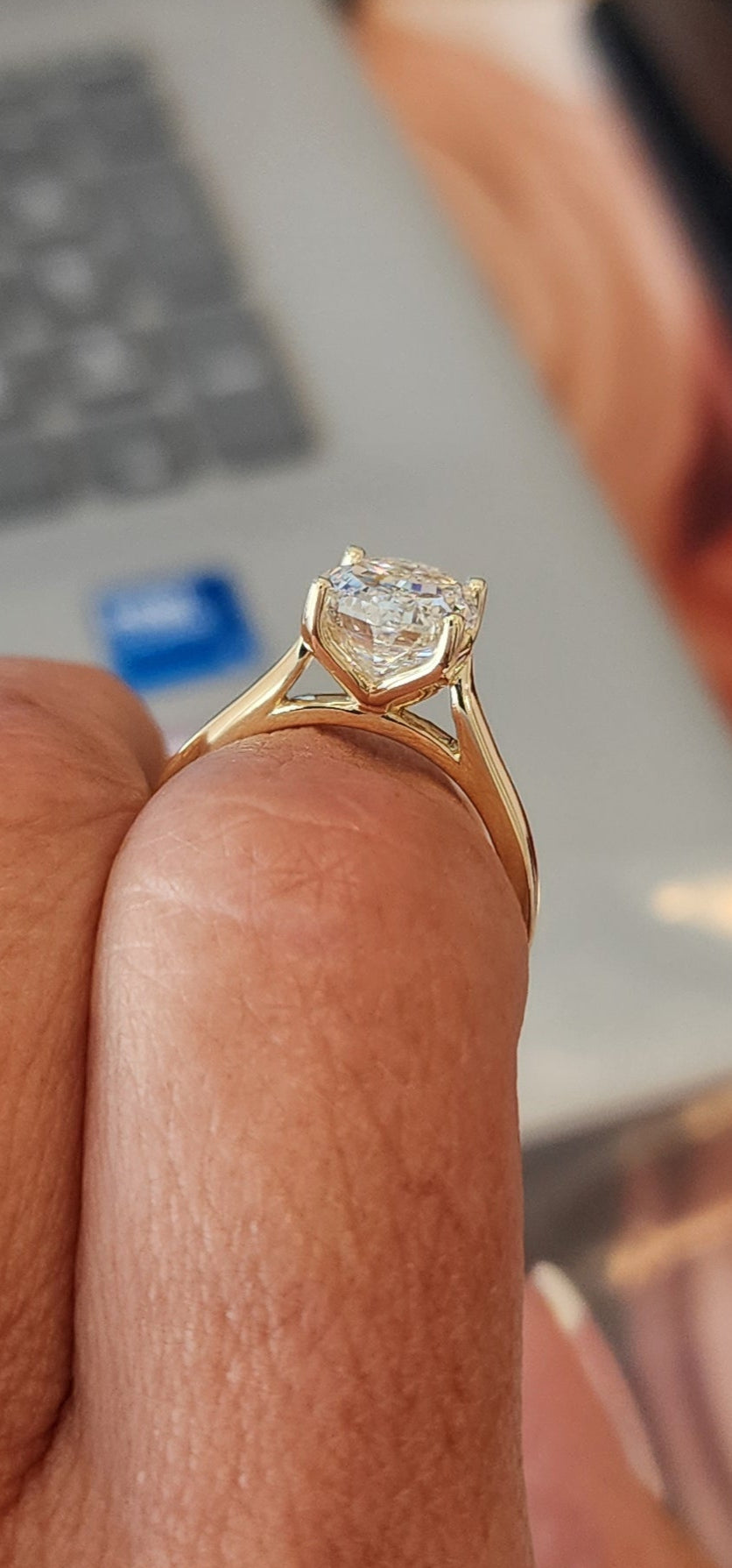 "The Tashina", 3.5 Carat Portuguese Oval, E, VS1 on a 2.5 mm Yellow Gold Cathedral-Style Band with Yellow Gold Petal Prongs