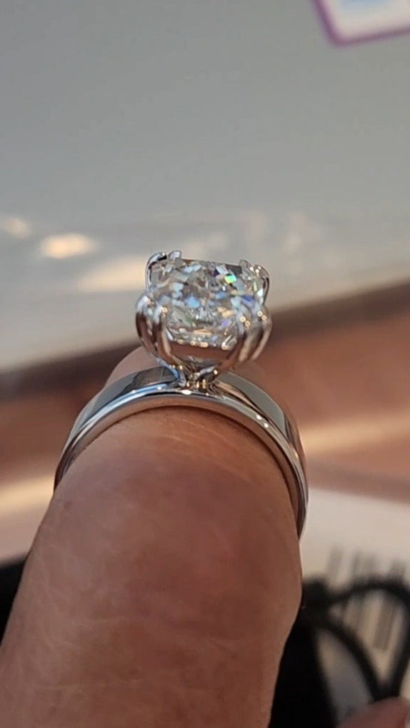 "The Kim"  in White Gold - 4.5 Radiant Cut Lab Grown Diamond, F, VS1 on 14K White Gold 5.5 mm Cigar Band, with 14K White Gold Double-Claw Prongs, IGI Certified Lab Grown Diamond
