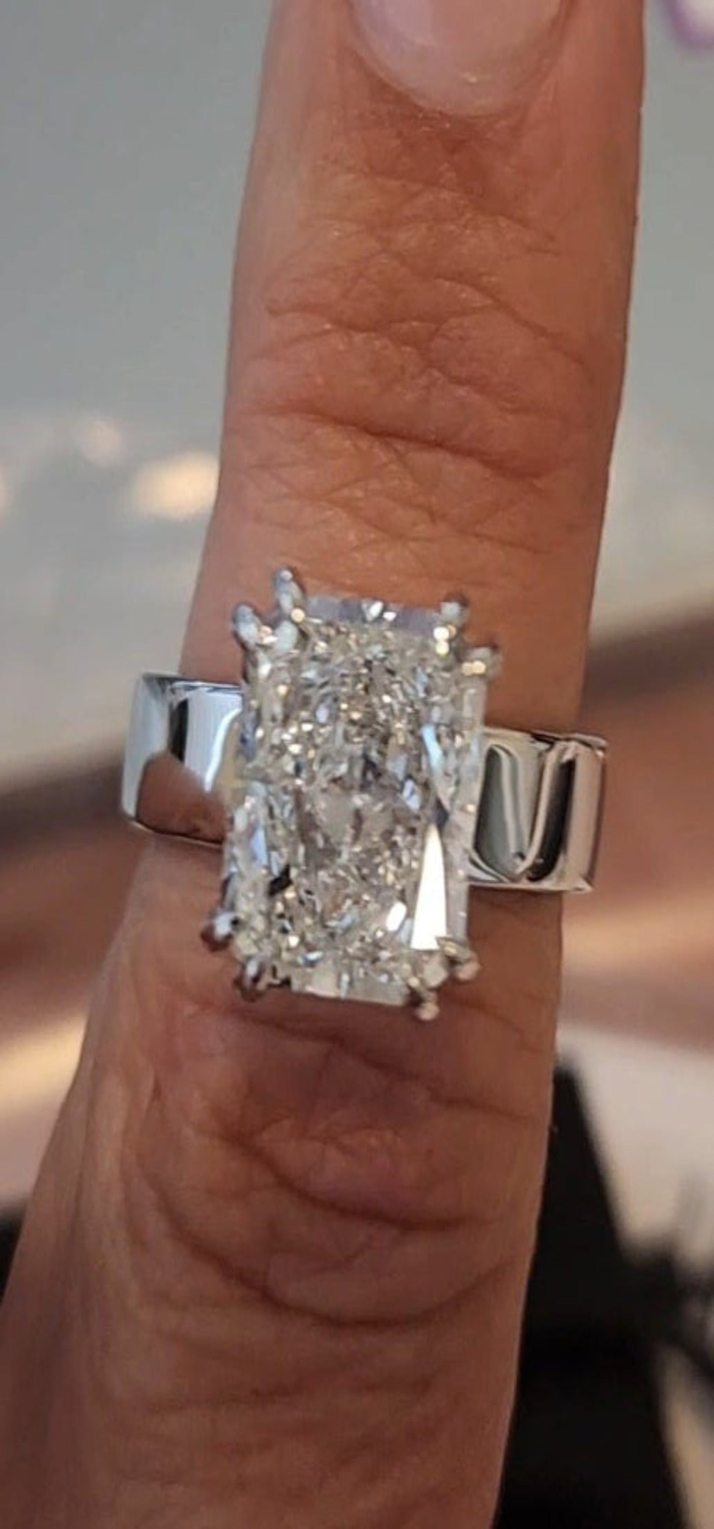 "The Kim"  in White Gold - 4.5 Radiant Cut Lab Grown Diamond, F, VS1 on 14K White Gold 5.5 mm Cigar Band, with 14K White Gold Double-Claw Prongs, IGI Certified Lab Grown Diamond