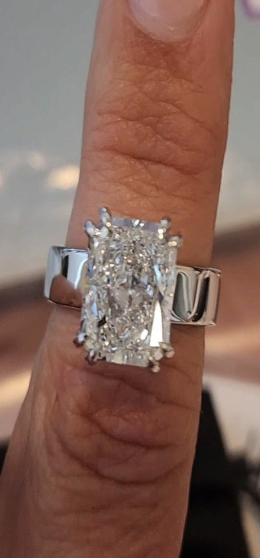 "The Kim"  in White Gold - 4.5 Radiant Cut Lab Grown Diamond, F, VS1 on 14K White Gold 5.5 mm Cigar Band, with 14K White Gold Double-Claw Prongs, IGI Certified Lab Grown Diamond