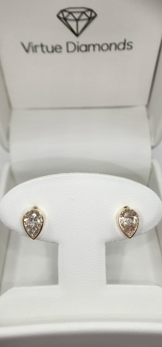 2 Carat Total Weight Pear Stud Earrings Bezel Set in 14k Yellow Gold, 2 Carat Total Weight.