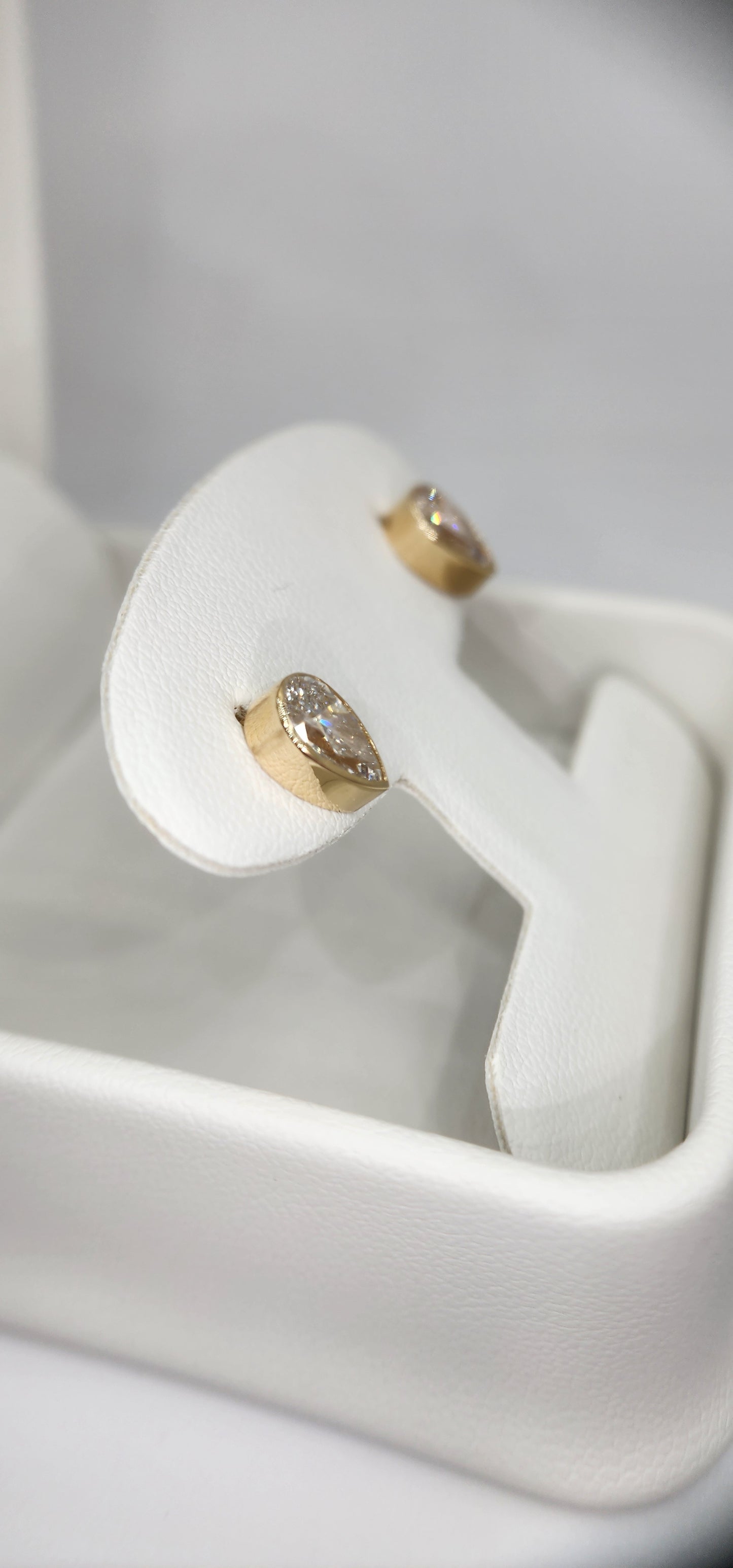 2 Carat Total Weight Pear Stud Earrings Bezel Set in 14k Yellow Gold, 2 Carat Total Weight.