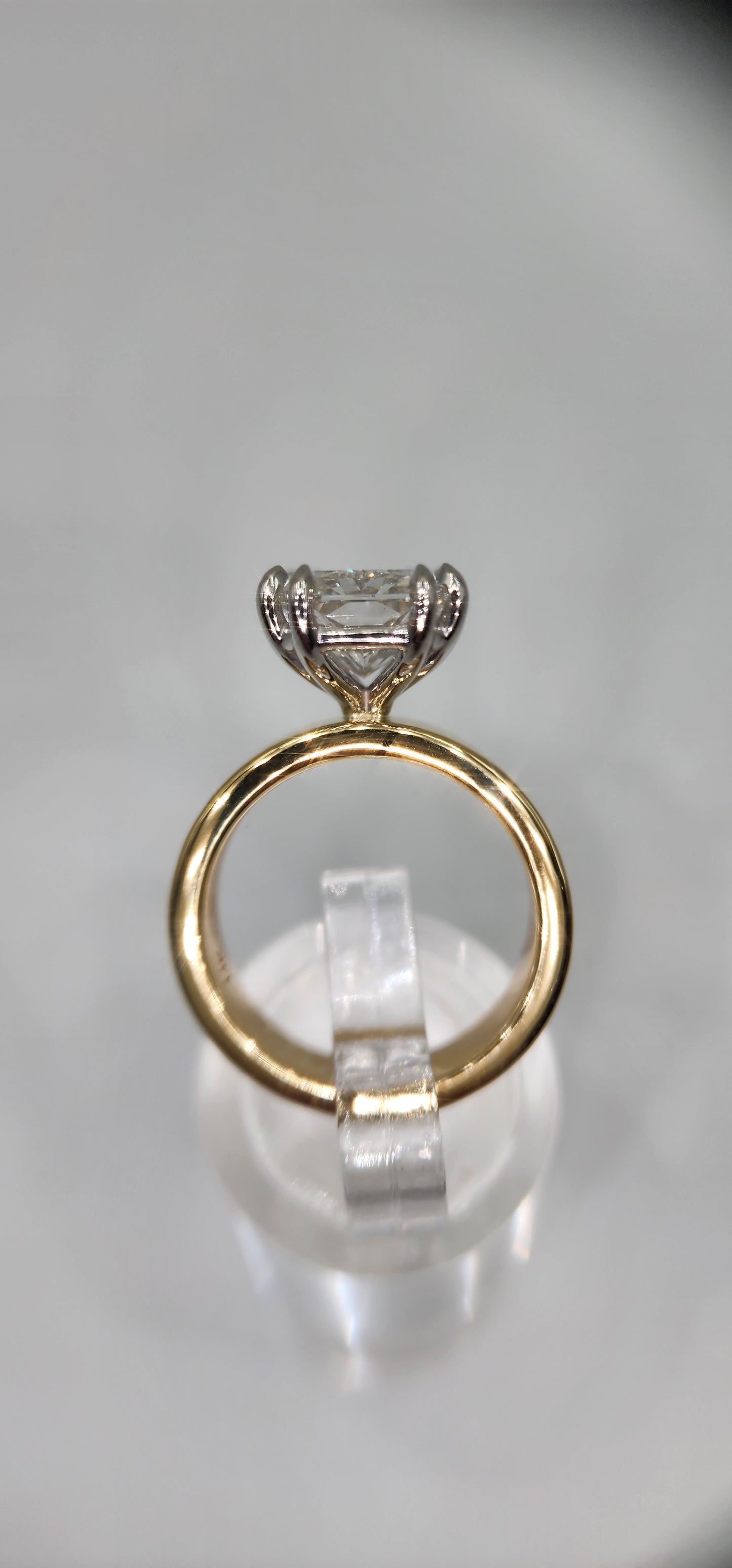 "The Kim" 4.5 Radiant Cut F, VS1 on 14K Yellow Gold 5.5 mm Cigar Band, with 14K White Gold Double-Claw Prongs, IGI Certified Lab Grown Diamond