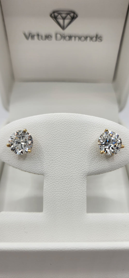 4 Carat Total Weight Diamond Studs, Yellow Gold, 3-Prong Martini Setting
