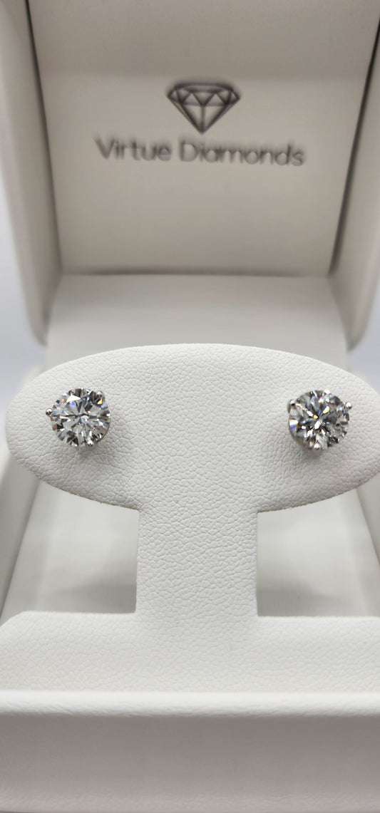 3 Carat Total Weight Diamond Studs, White Gold, 3-Prong Martini Setting