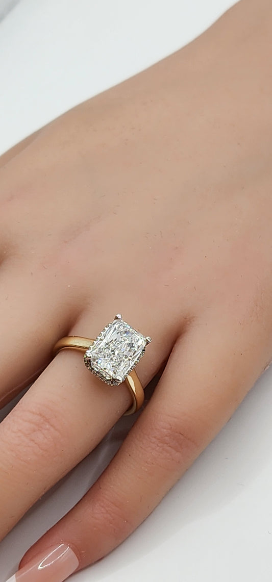 "The Monica" Ring - 3.75 Carat Radiant Lab Grown Diamond, Color E, VVS2, mounted in a 2mm Yellow Gold band with White Gold Head and Hidden Halo