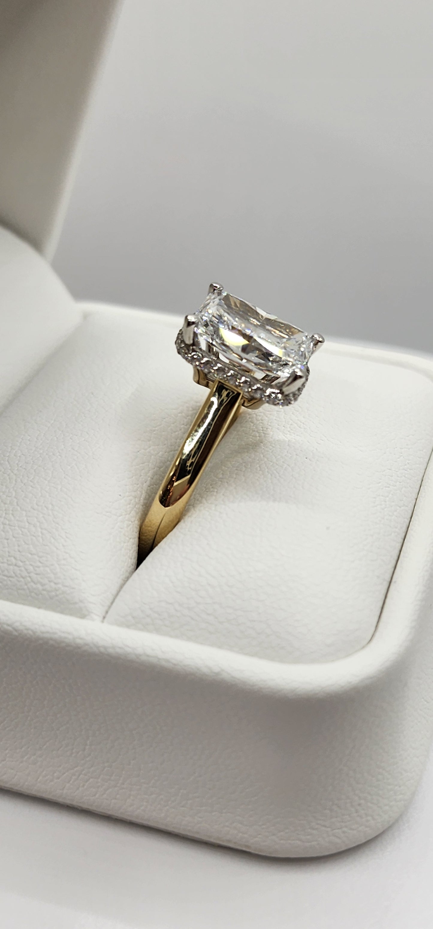 "The Monica" Ring - 3.75 Carat Radiant Lab Grown Diamond, Color E, VVS2, mounted in a 2mm Yellow Gold band with White Gold Head and Hidden Halo