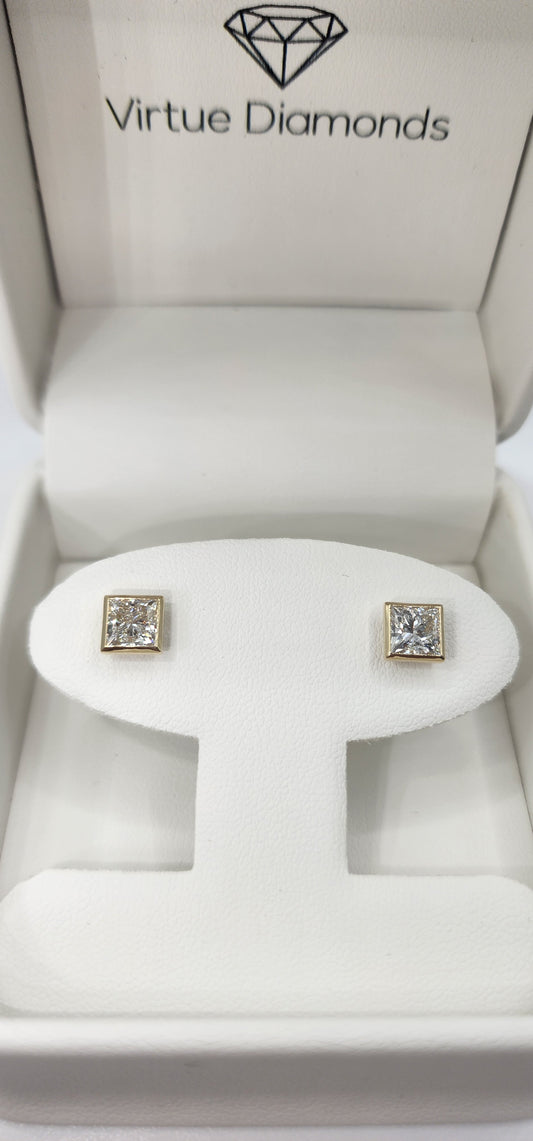 2 Carat Total Weight Princess Cut Lab Grown Diamond Studs, Bezel Set in 14k Yellow Gold