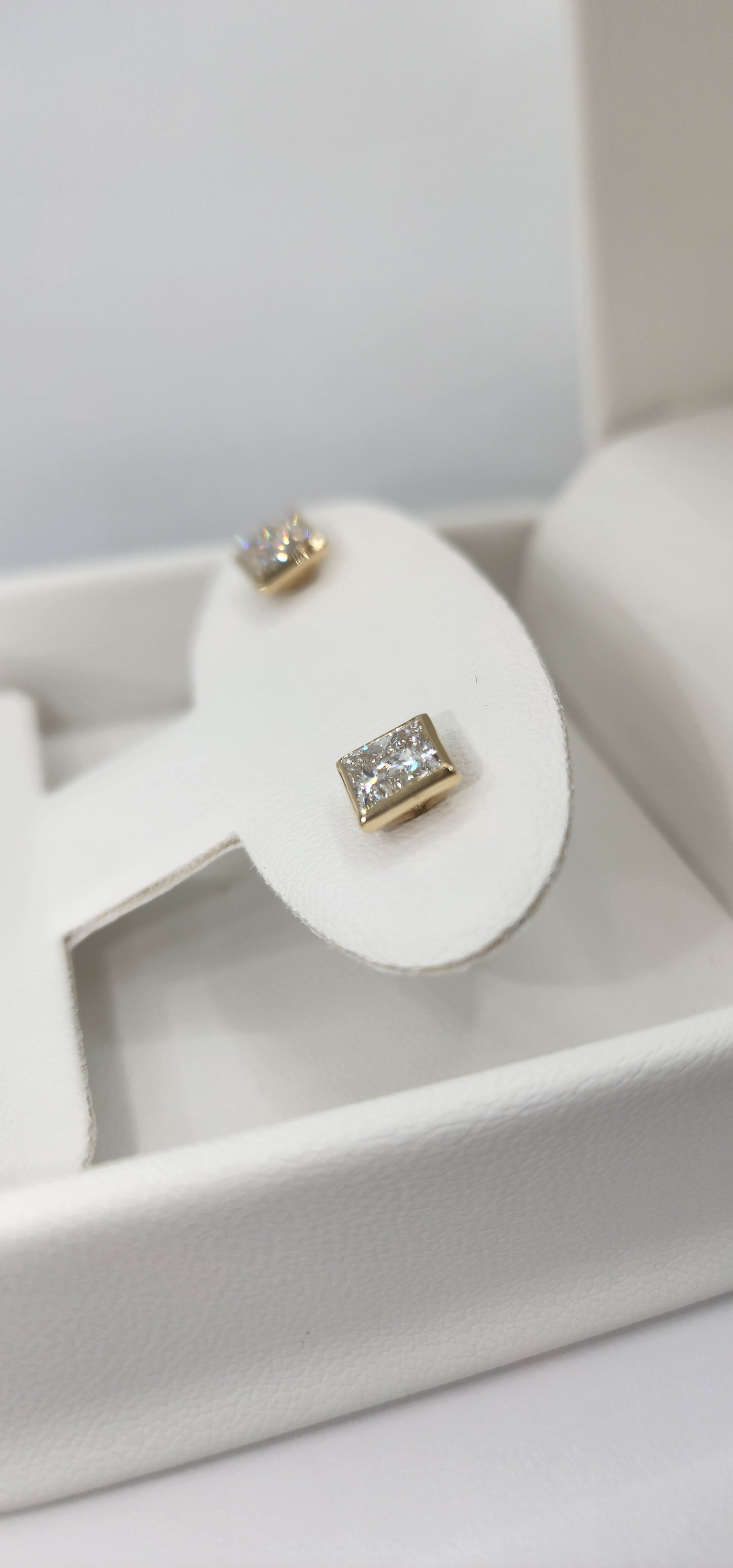 2 Carat Total Weight Princess Cut Lab Grown Diamond Studs, Bezel Set in 14k Yellow Gold
