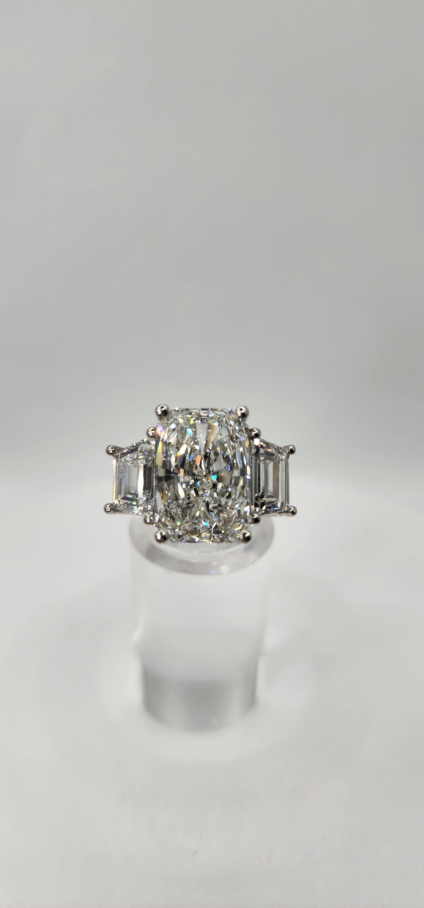 ""The Eliot" 8 Carat Radiant Cut & 1.5 Carat Trapezoids all E VVS2 Lab Grown Diamonds, set in Platinum