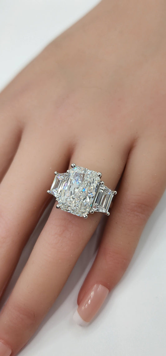 ""The Eliot" 8 Carat Radiant Cut & 1.5 Carat Trapezoids all E VVS2 Lab Grown Diamonds, set in Platinum
