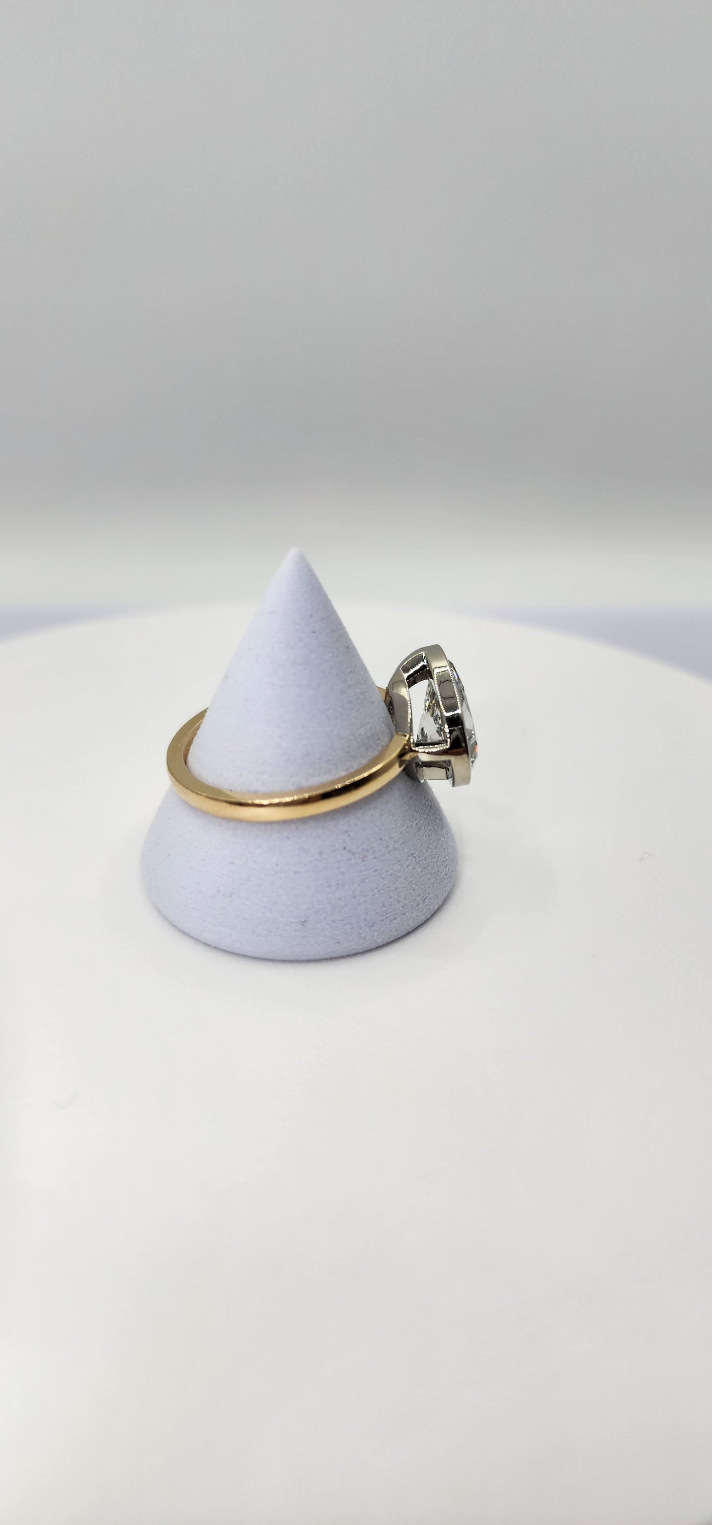 "The Kim Pear Bezel"  3 Carat Pear,  F, VS1 IGI Certified Lab Grown Diamond, set in a 14k White Gold Bezel Setting Head with a 14K Yellow Gold Band