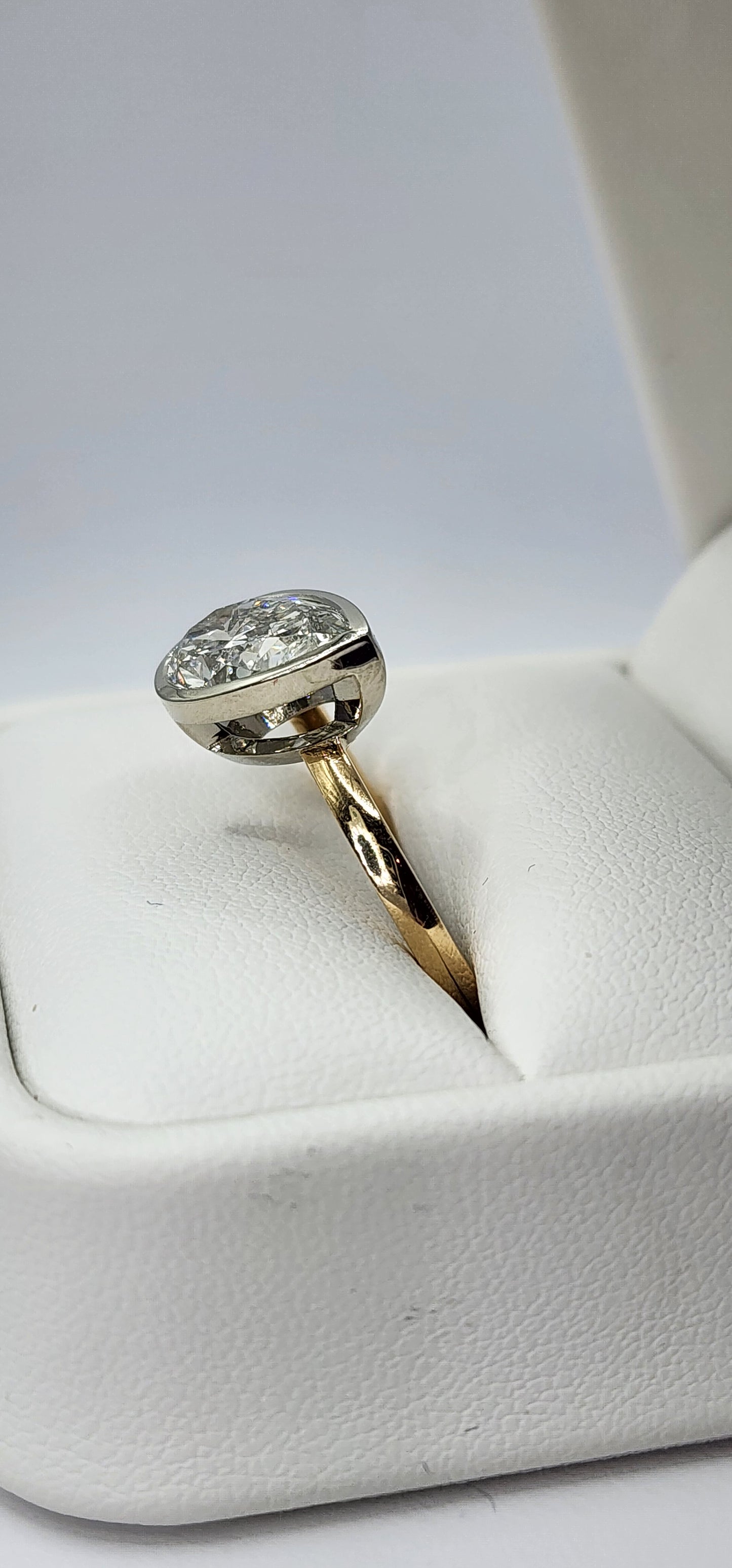 "The Kim Pear Bezel"  3 Carat Pear,  F, VS1 IGI Certified Lab Grown Diamond, set in a 14k White Gold Bezel Setting Head with a 14K Yellow Gold Band