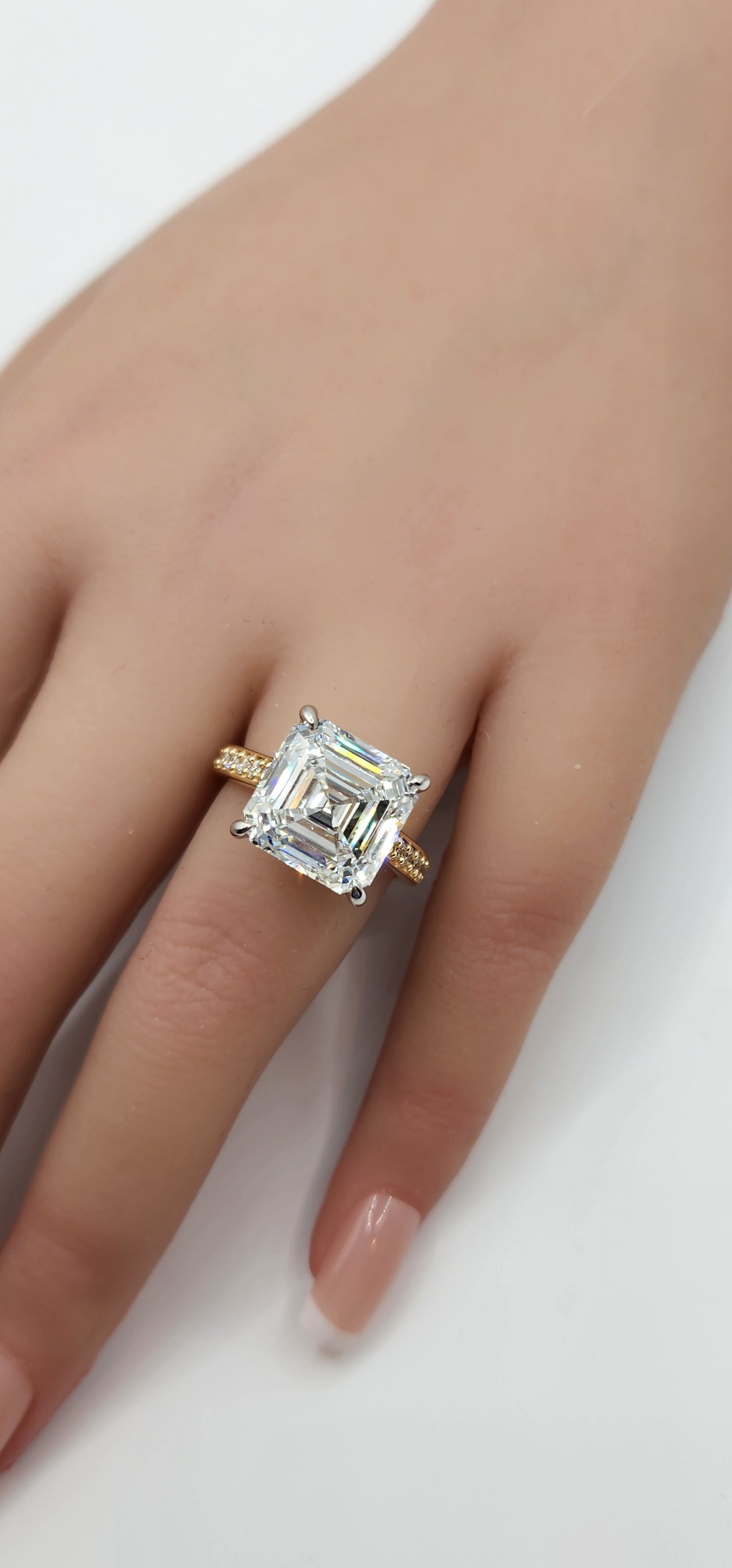 "The Madison" 9.04 Carat Asscher Lab Grown Diamond in 14k Yellow Gold Band with Pave Diamonds & 14k White Gold Prongs (Non Cert)