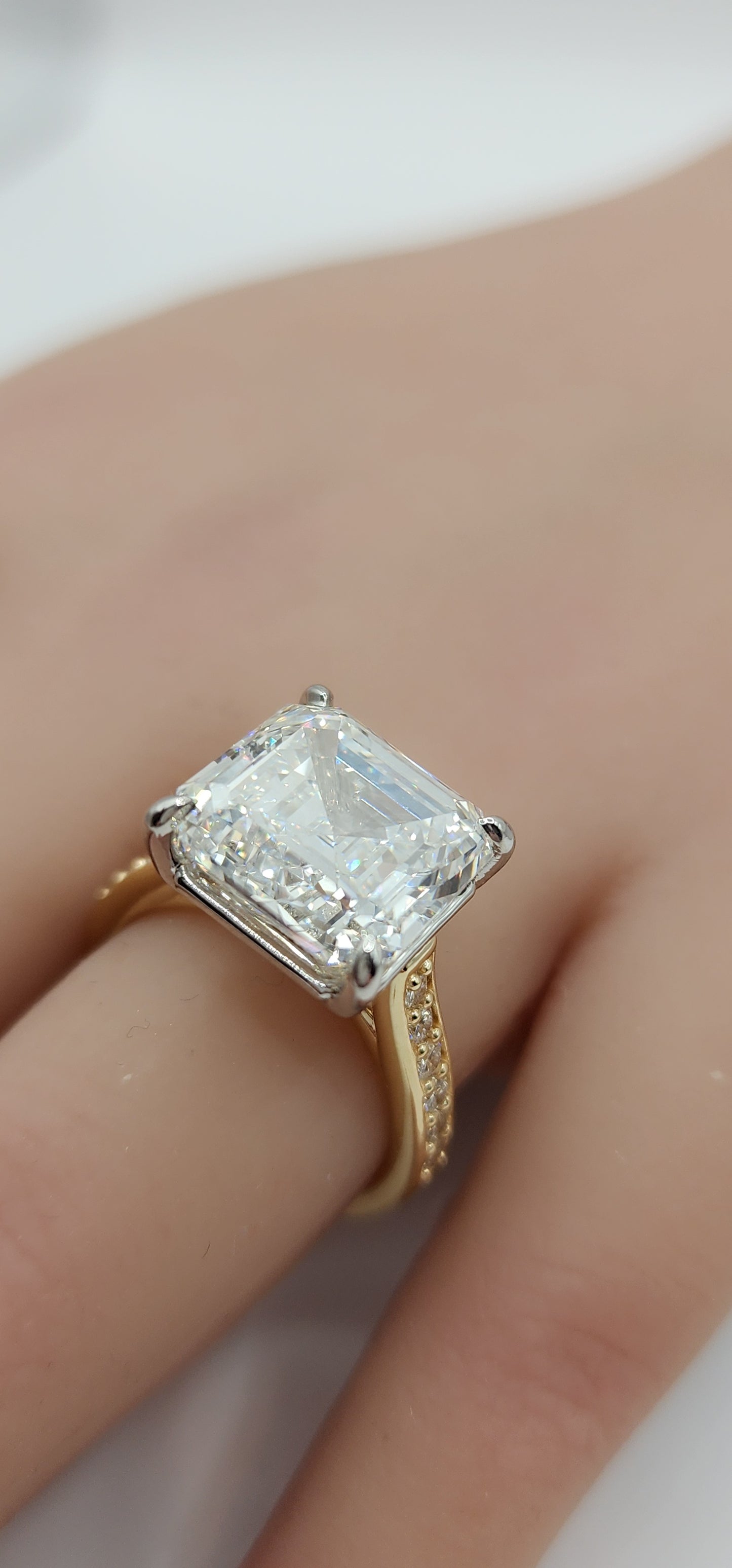 "The Madison" 9.04 Carat Asscher Lab Grown Diamond in 14k Yellow Gold Band with Pave Diamonds & 14k White Gold Prongs (Non Cert)