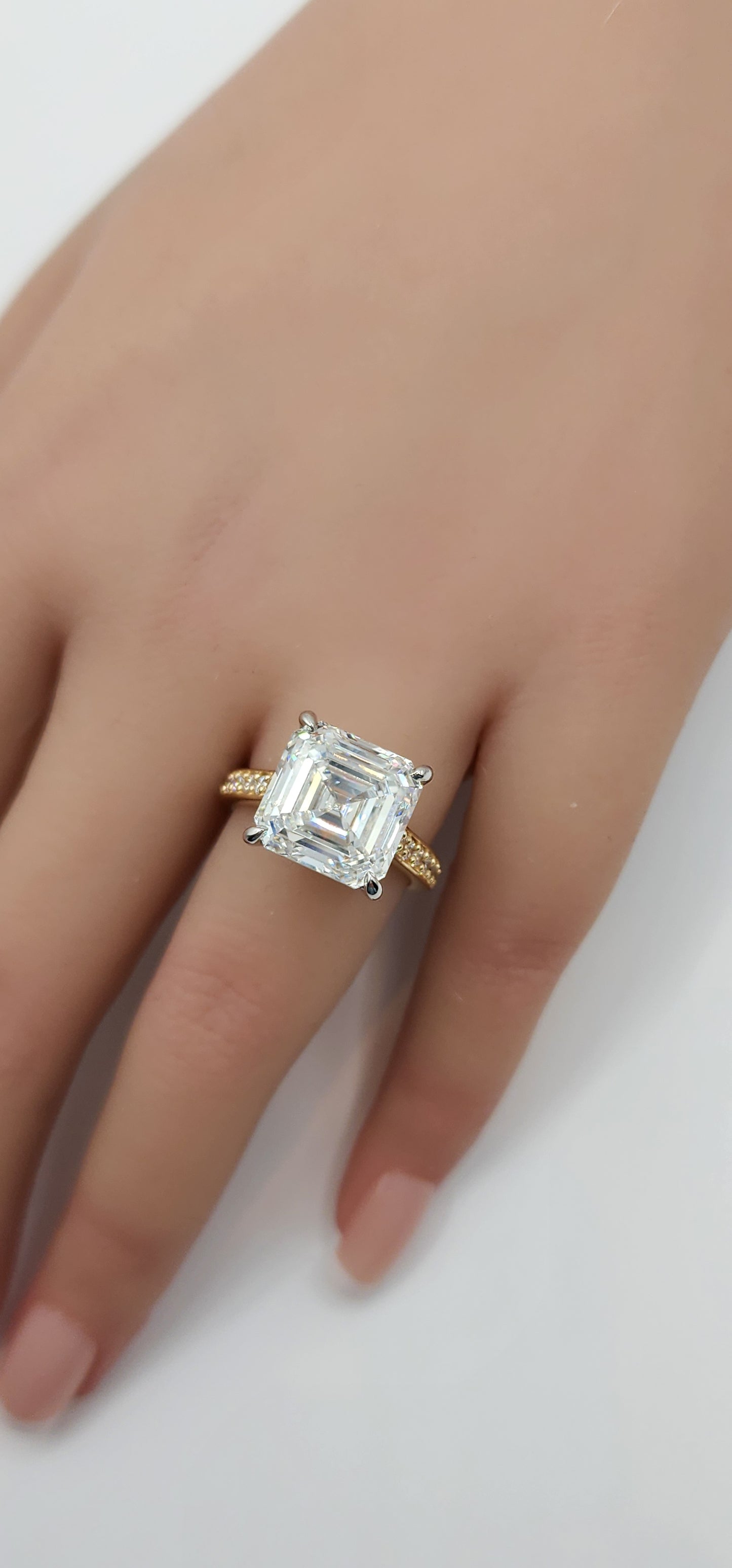 "The Madison" 9.04 Carat Asscher Lab Grown Diamond in 14k Yellow Gold Band with Pave Diamonds & 14k White Gold Prongs (Non Cert)