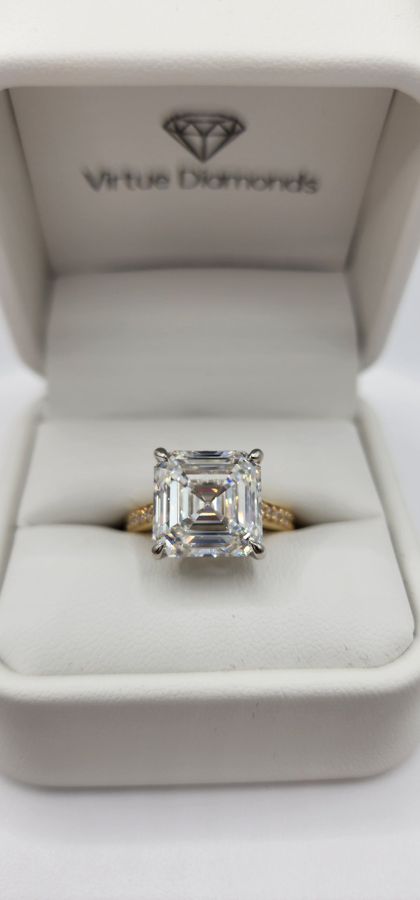 "The Madison" 9.04 Carat Asscher Lab Grown Diamond in 14k Yellow Gold Band with Pave Diamonds & 14k White Gold Prongs (Non Cert)