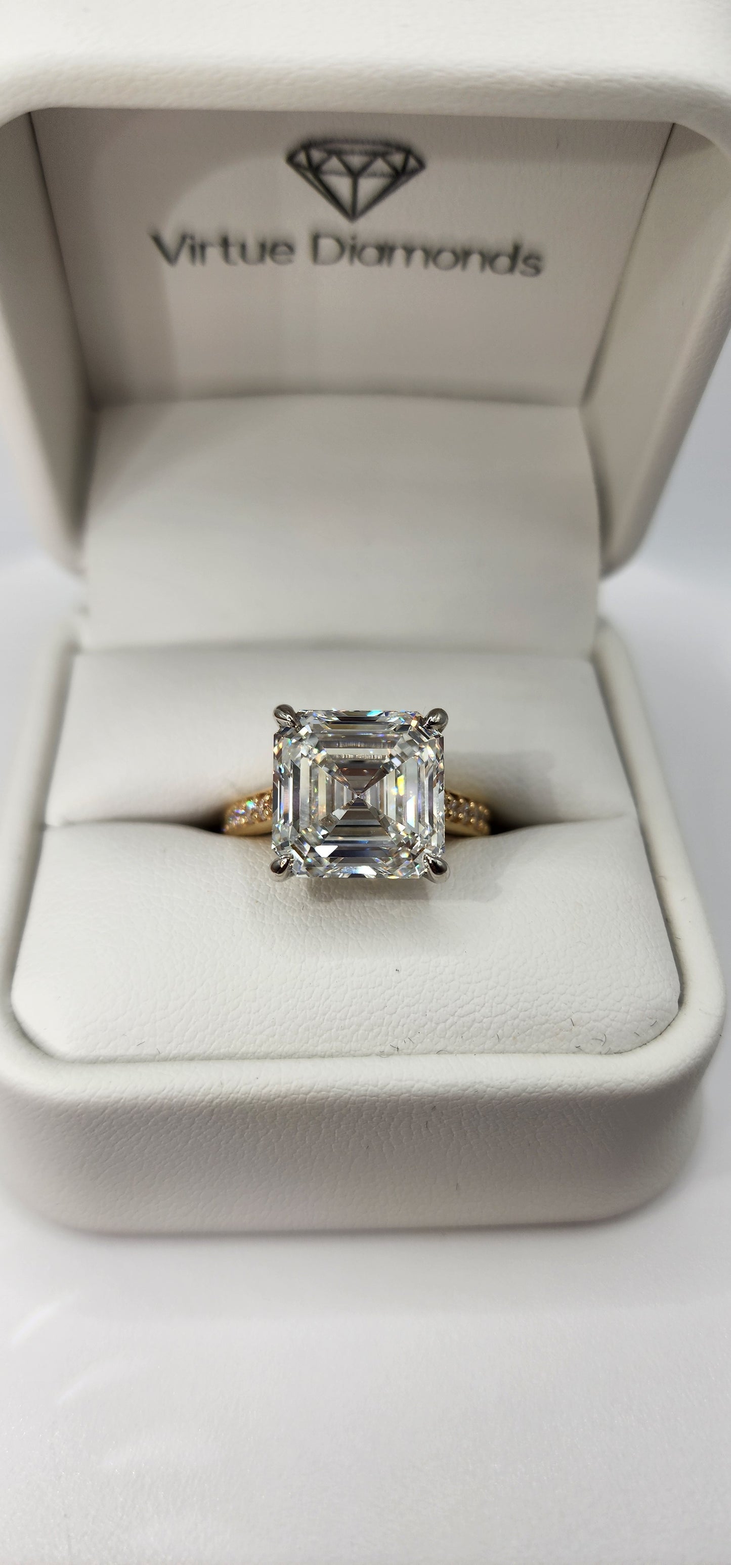 "The Madison" 9.04 Carat Asscher Lab Grown Diamond in 14k Yellow Gold Band with Pave Diamonds & 14k White Gold Prongs (Non Cert)