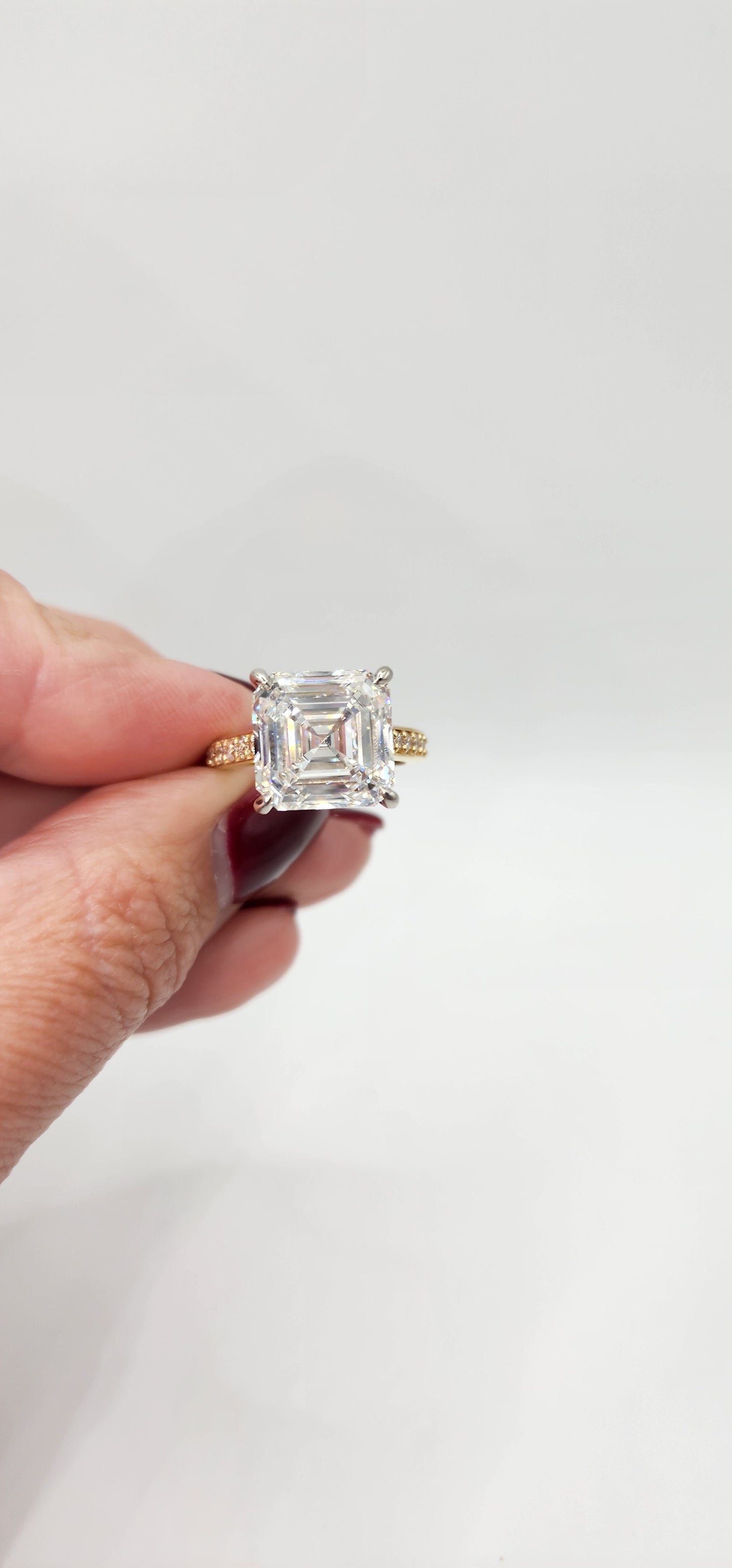 "The Madison" 9.04 Carat Asscher Lab Grown Diamond in 14k Yellow Gold Band with Pave Diamonds & 14k White Gold Prongs (Non Cert)