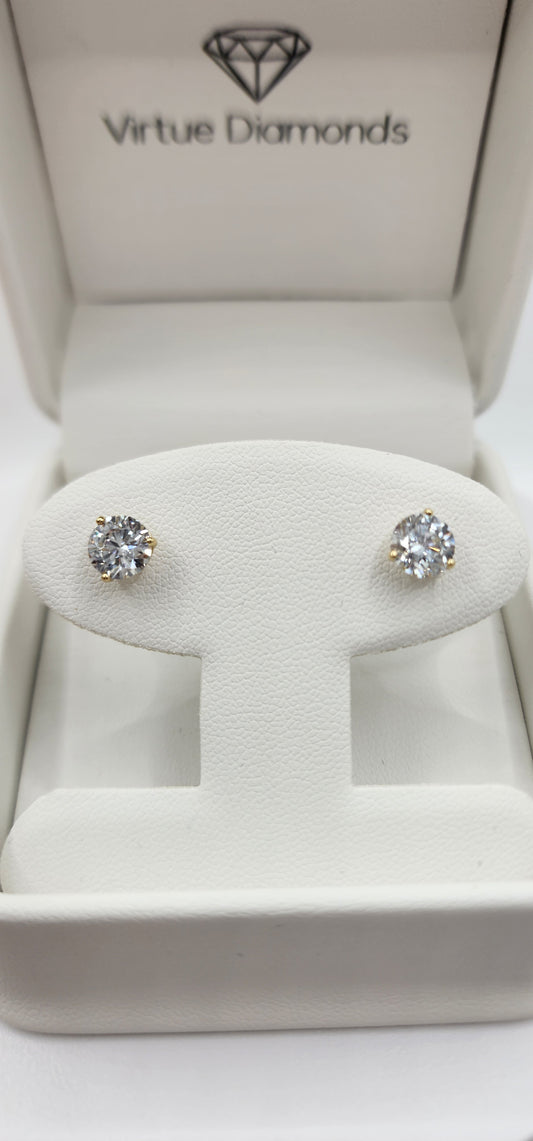 2 Carat Total Weight Diamond Studs, 18k Yellow Gold, 3-Prong Martini Setting