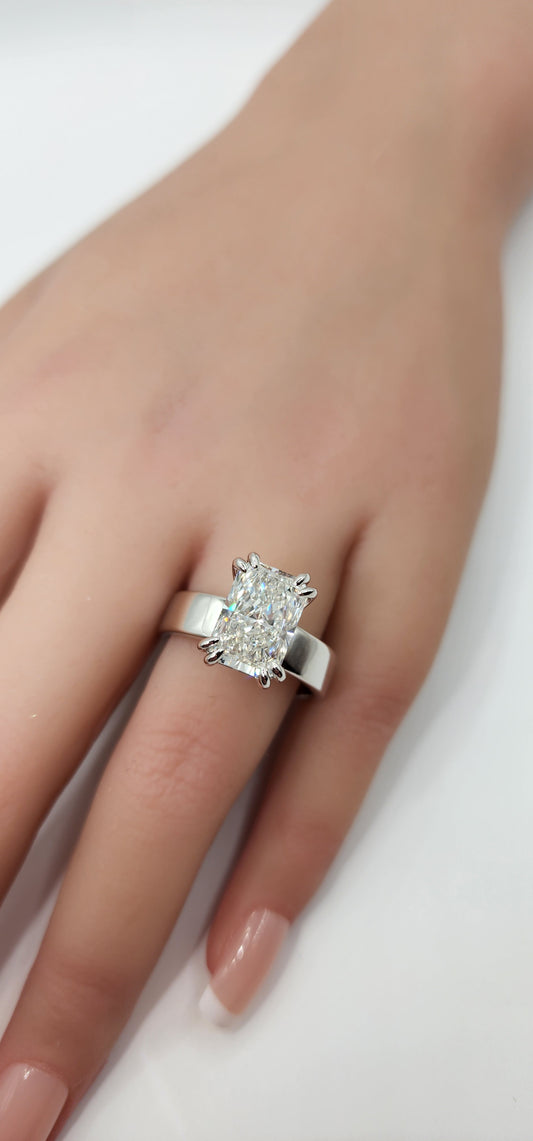 "The Kim"  in White Gold - 4.5 Radiant Cut Lab Grown Diamond, F, VS1 on 14K White Gold 5.5 mm Cigar Band, with 14K White Gold Double-Claw Prongs, IGI Certified Lab Grown Diamond