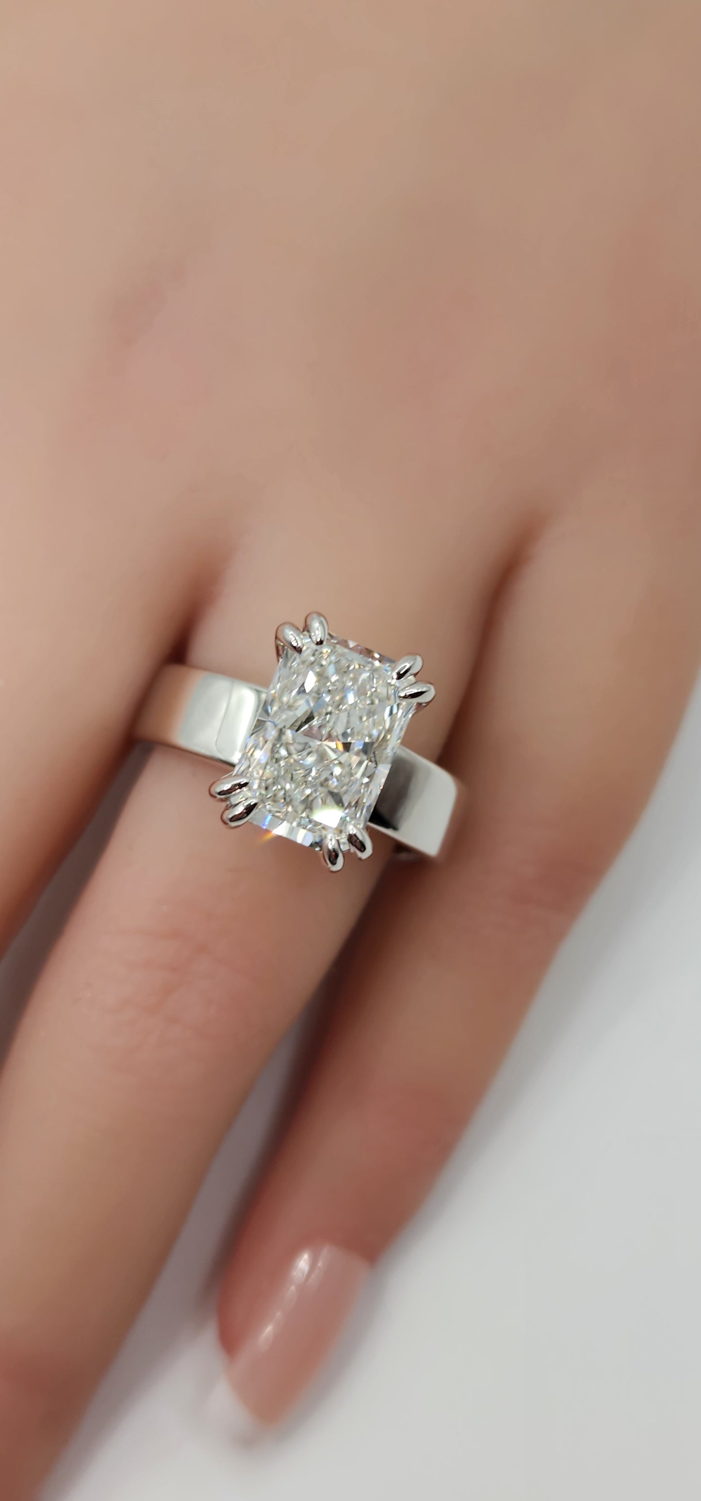 "The Kim"  in White Gold - 4.5 Radiant Cut Lab Grown Diamond, F, VS1 on 14K White Gold 5.5 mm Cigar Band, with 14K White Gold Double-Claw Prongs, IGI Certified Lab Grown Diamond