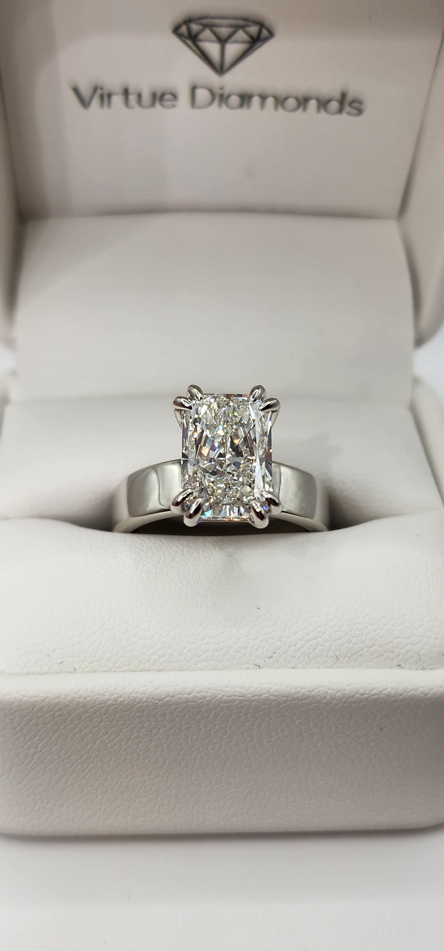 "The Kim"  in White Gold - 4.5 Radiant Cut Lab Grown Diamond, F, VS1 on 14K White Gold 5.5 mm Cigar Band, with 14K White Gold Double-Claw Prongs, IGI Certified Lab Grown Diamond