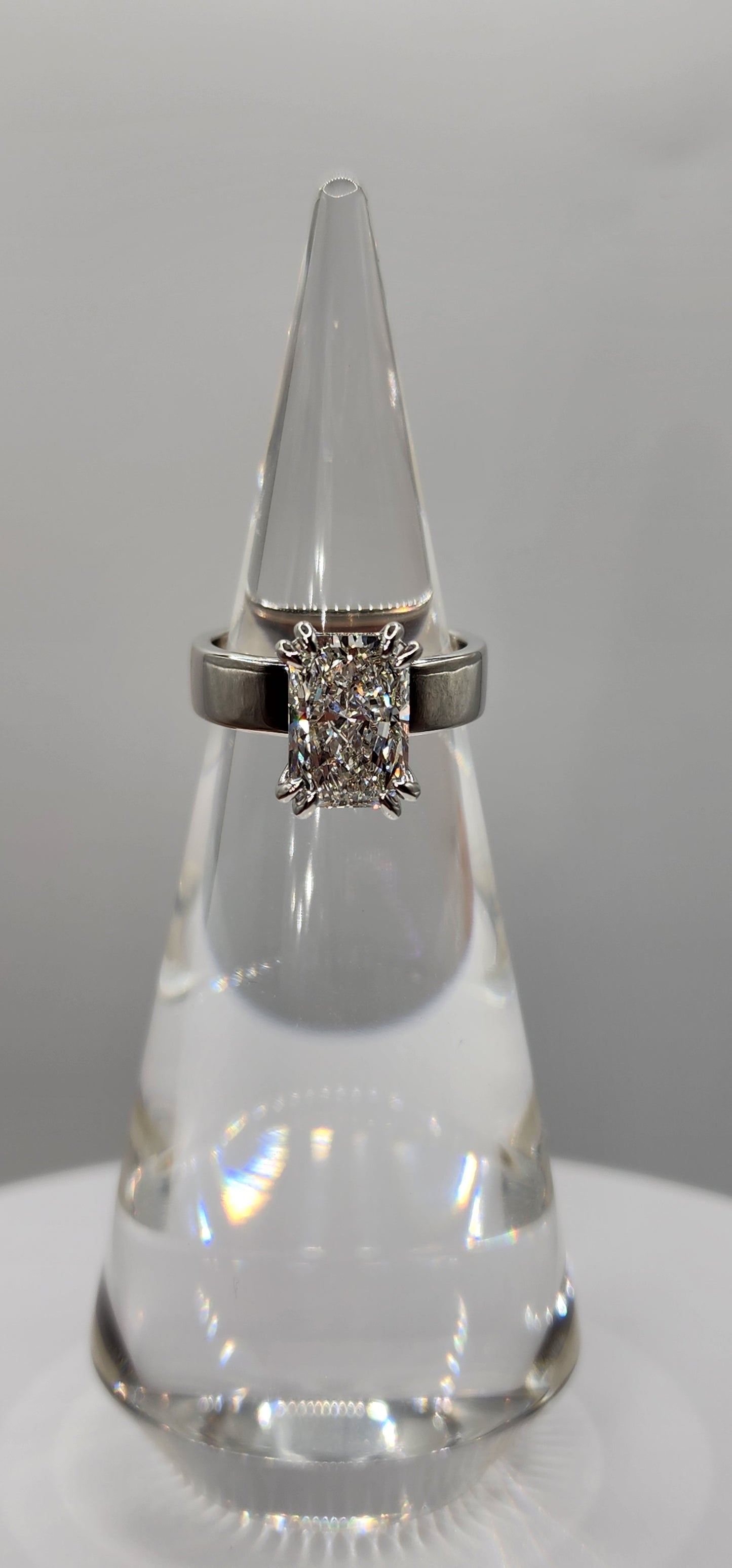 "The Kim"  in White Gold - 4.5 Radiant Cut Lab Grown Diamond, F, VS1 on 14K White Gold 5.5 mm Cigar Band, with 14K White Gold Double-Claw Prongs, IGI Certified Lab Grown Diamond