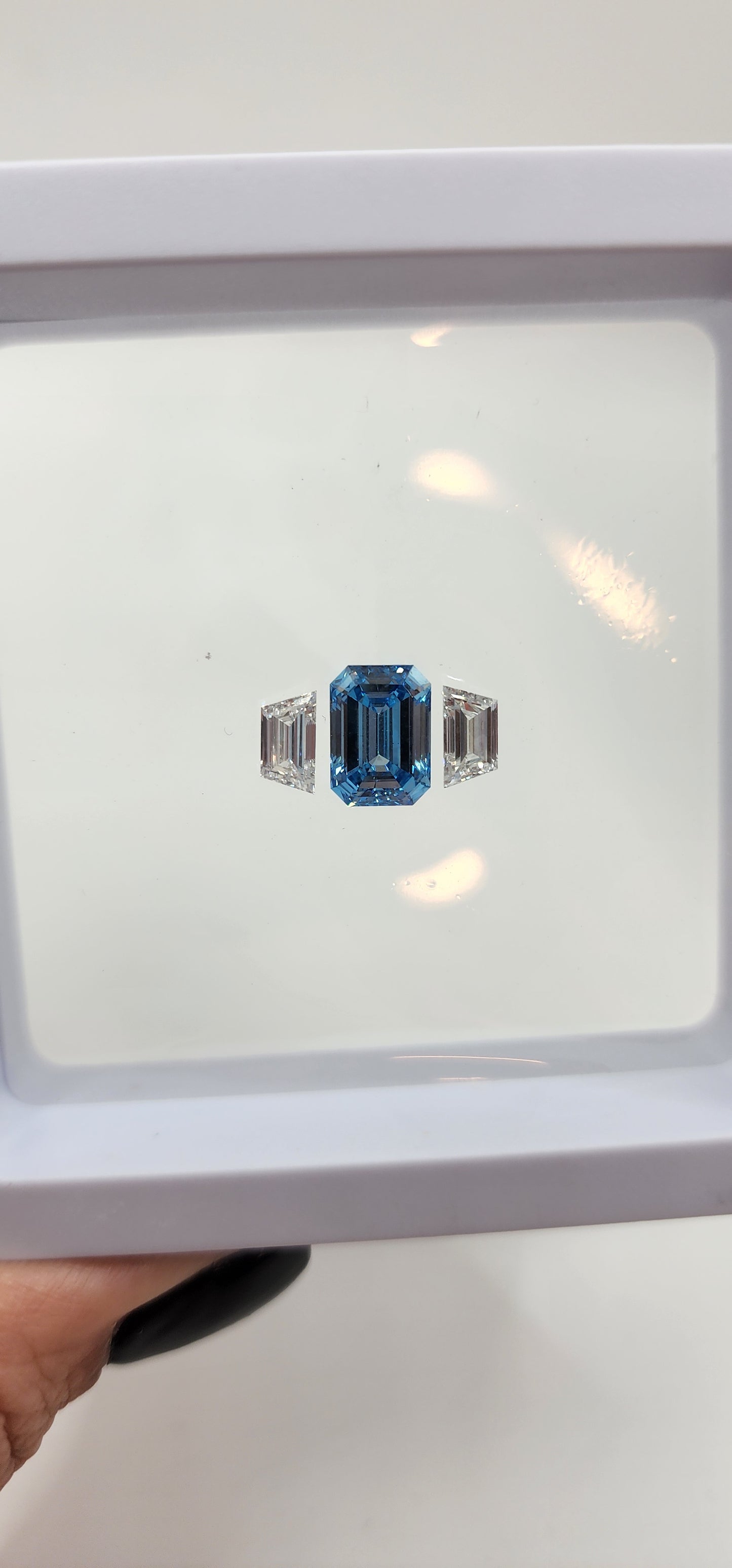 Trilogy Diamond Set (1) 3.04 Vivid Blue SI1 Emerald Cut Lab Grown Diamond & (2) .62 Carat Trapezoids F/VVS2  for Trilogy Ring Setting