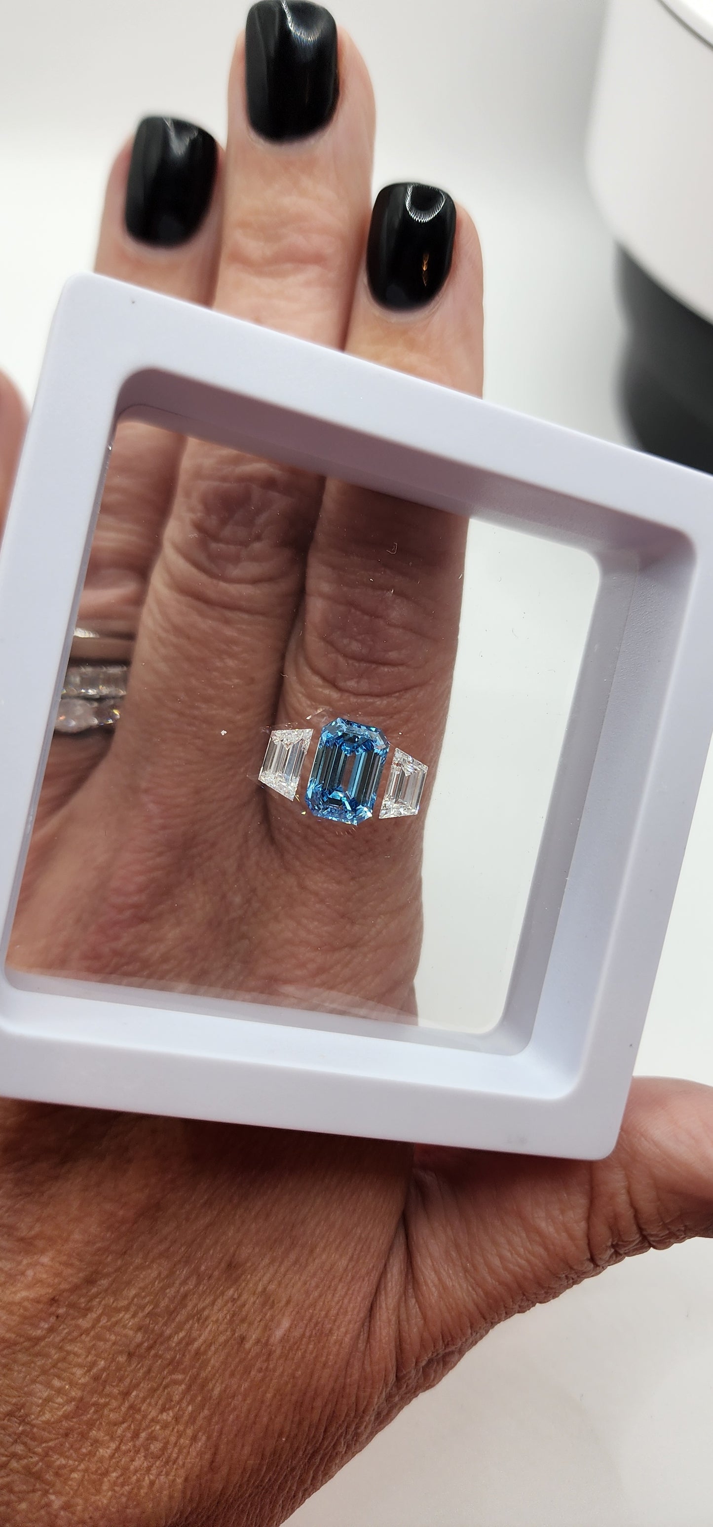 Trilogy Diamond Set (1) 3.04 Vivid Blue SI1 Emerald Cut Lab Grown Diamond & (2) .62 Carat Trapezoids F/VVS2  for Trilogy Ring Setting