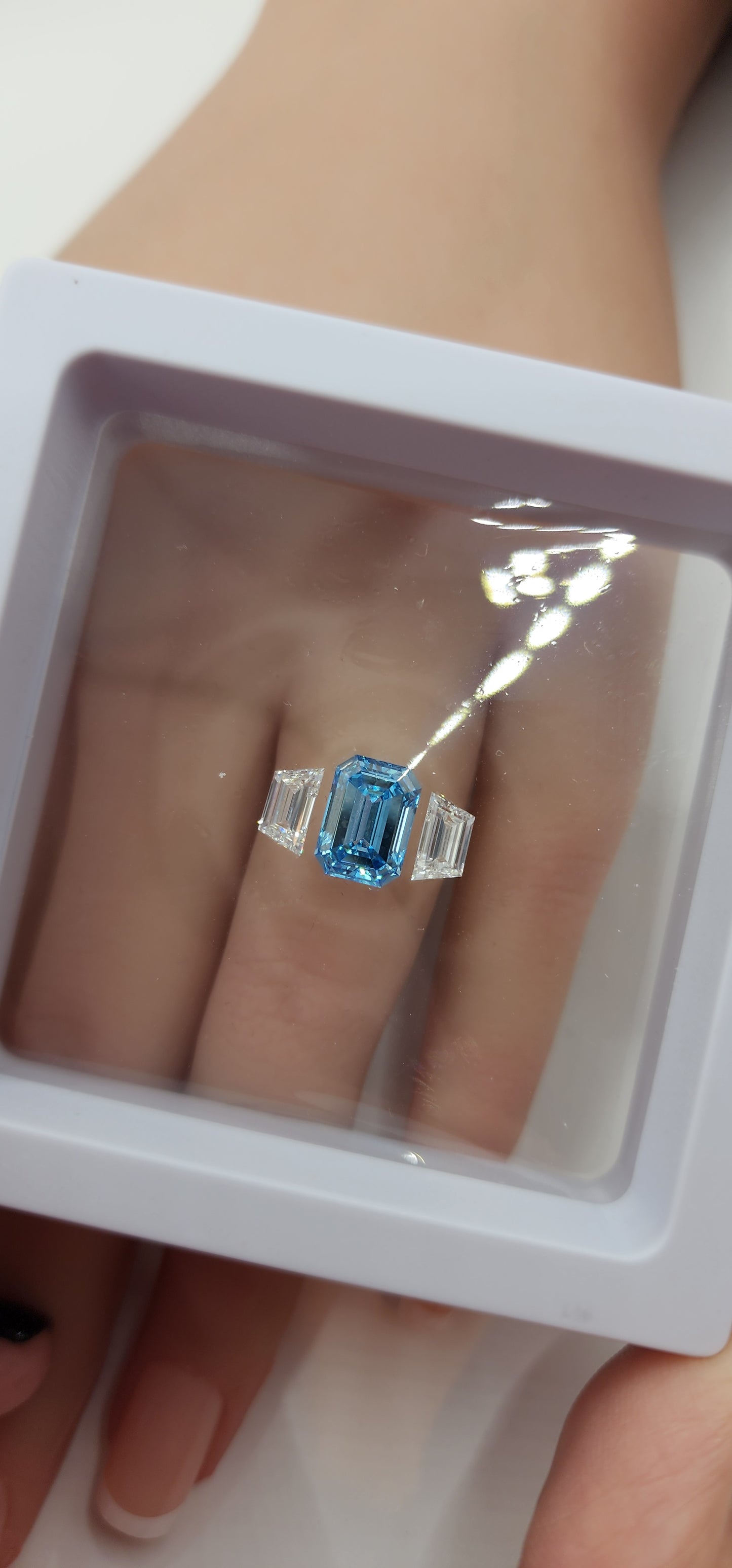 Trilogy Diamond Set (1) 3.04 Vivid Blue SI1 Emerald Cut Lab Grown Diamond & (2) .62 Carat Trapezoids F/VVS2  for Trilogy Ring Setting