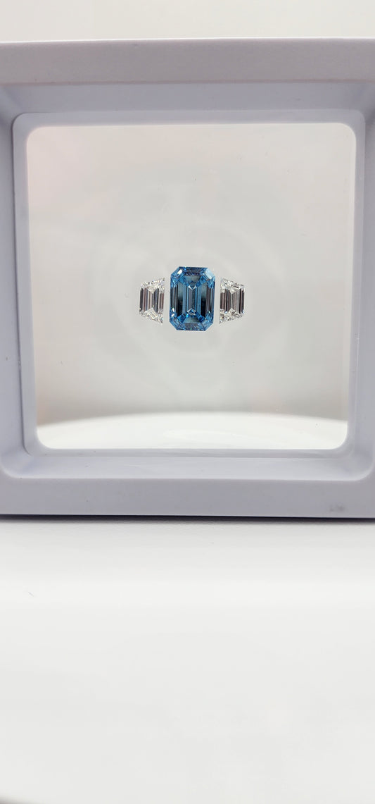 Trilogy Diamond Set (1) 3.04 Vivid Blue SI1 Emerald Cut Lab Grown Diamond & (2) .62 Carat Trapezoids F/VVS2  for Trilogy Ring Setting
